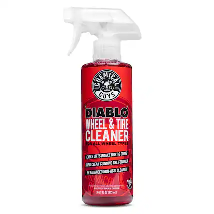 CHEMICAL GUYS
DIABLO WHEEL & TIRE CLEANER
FOR ALL WHEEL TYPES
EASILY LIFTS BRAKE DUST & GRIME
RAPID CLEAN CLINGING GEL FORMULA
PH BALANCED NON-ACID CLEANER
KEEP OUT OF REACH OF CHILDREN
16 US FL OZ (473 mL)
READ CAREFULLY OTHER CAUTIONS ON BACK PANEL