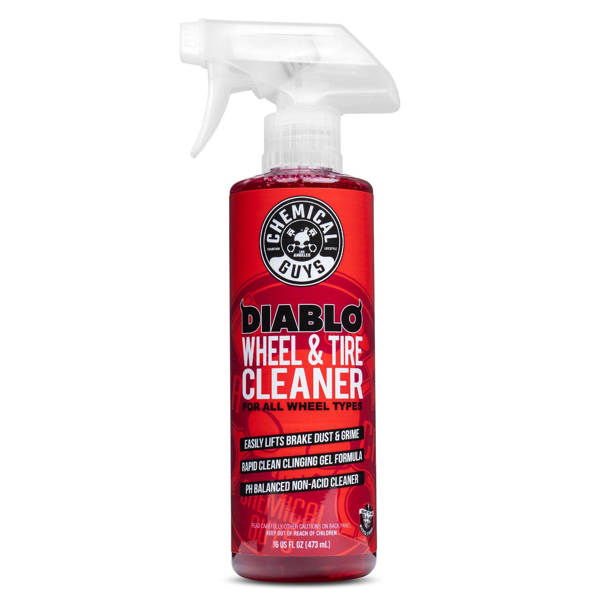 CHEMICAL GUYS  
DIABLO WHEEL & TIRE CLEANER  
FOR ALL WHEEL TYPES  

EASILY LIFTS BRAKE DUST & GRIME  
RAPID CLEAN CLINGING GEL FORMULA  
PH BALANCED NON-ACID CLEANER  

KEEP OUT OF REACH OF CHILDREN  
16 US FL OZ (473 mL)  

READ CAREFULLY OTHER CAUTIONS ON BACK PANEL