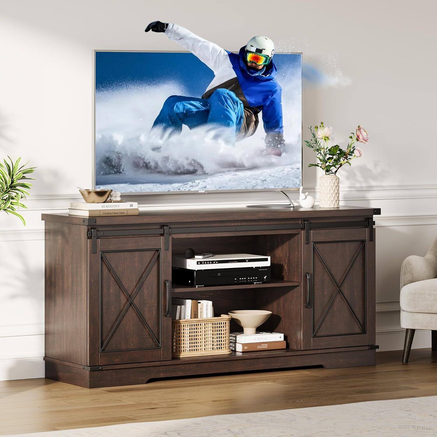 Acekool - Modern Farmhouse TV Stand and Entertainment Center for TV Up to 65 Inches - Brown