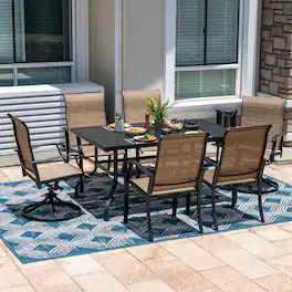 Nuu Garden - 7-Piece Patio Outdoor Textilene and Metal Dining Set with Umbrella Hole - Brown and Black