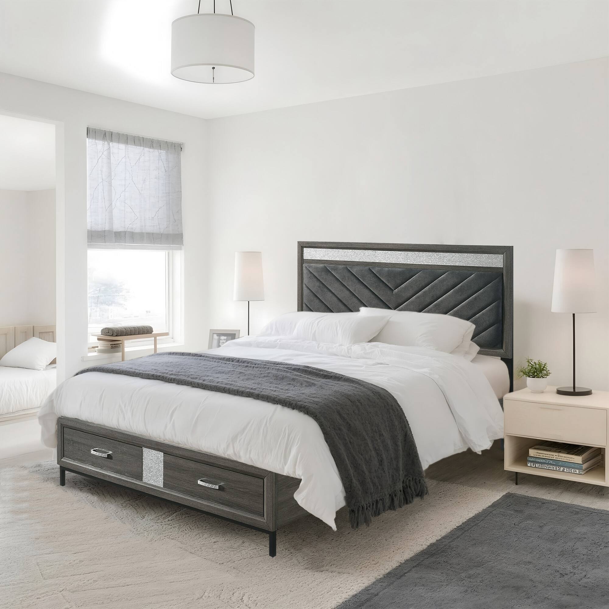 Alt View 2. Vaczon - Storage Bed with Hidden Footboard Drawers, Padded Headboard & Crystal Handles for Organized, Cozy Bedrooms - Gray.