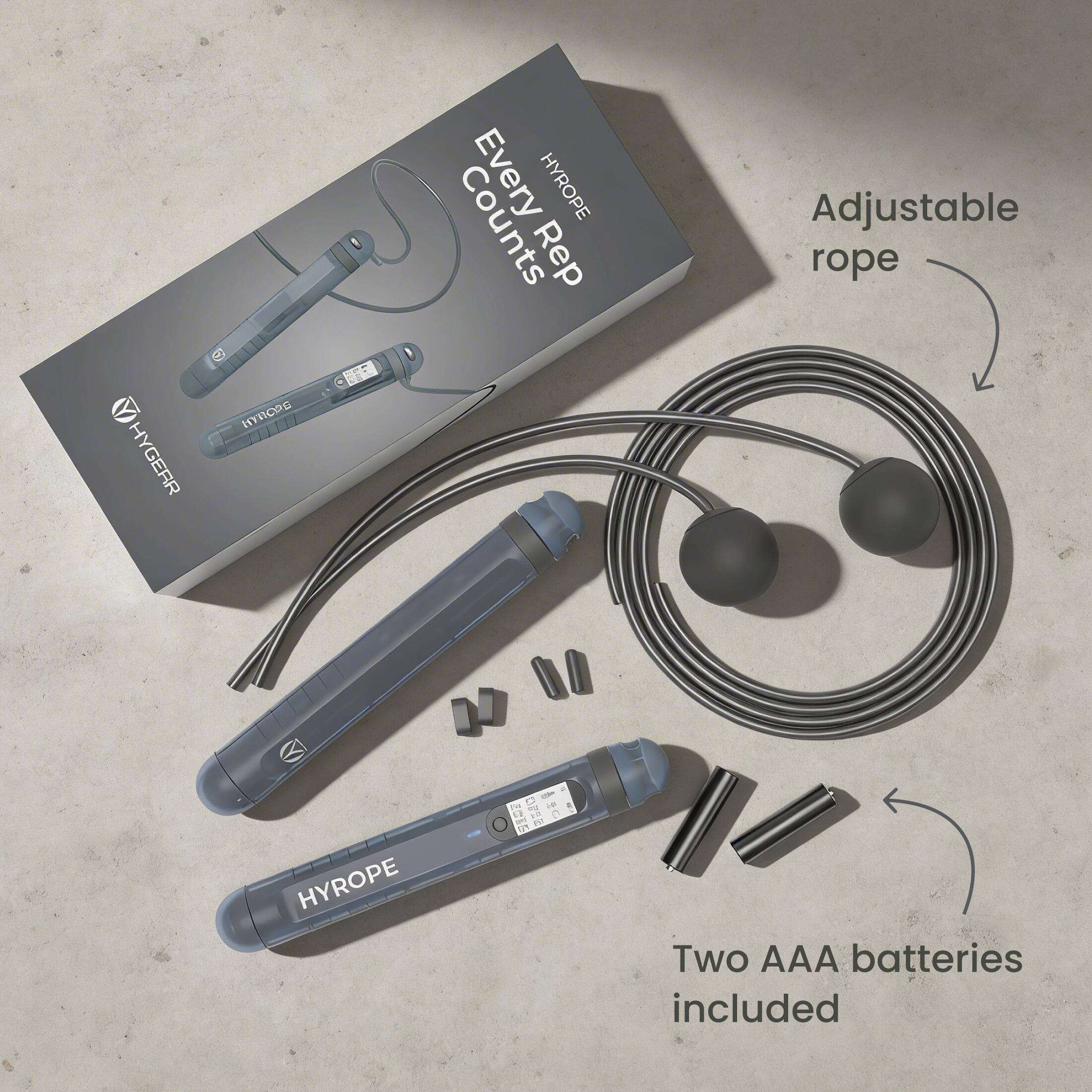 HYROPE Rep Adjustable rope  
Every Rep Counts  
HYROPE  
Two AAA batteries included