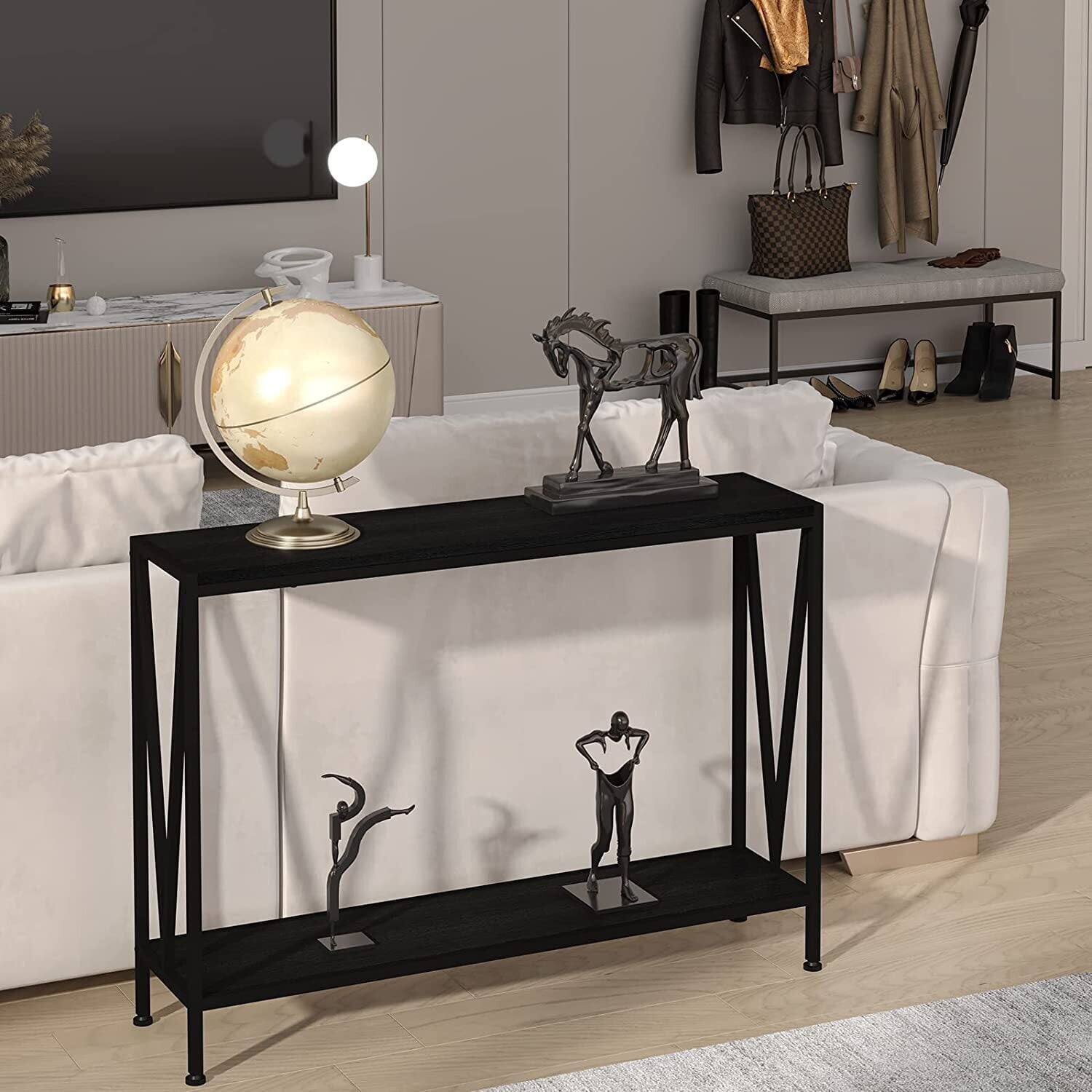 Alt View 4. Homhougo - 2-Tier Narrow Console Table for Entryway - Premium Furniture, 42.9in L x 9.8in W x 29.9in H, Black - Black.