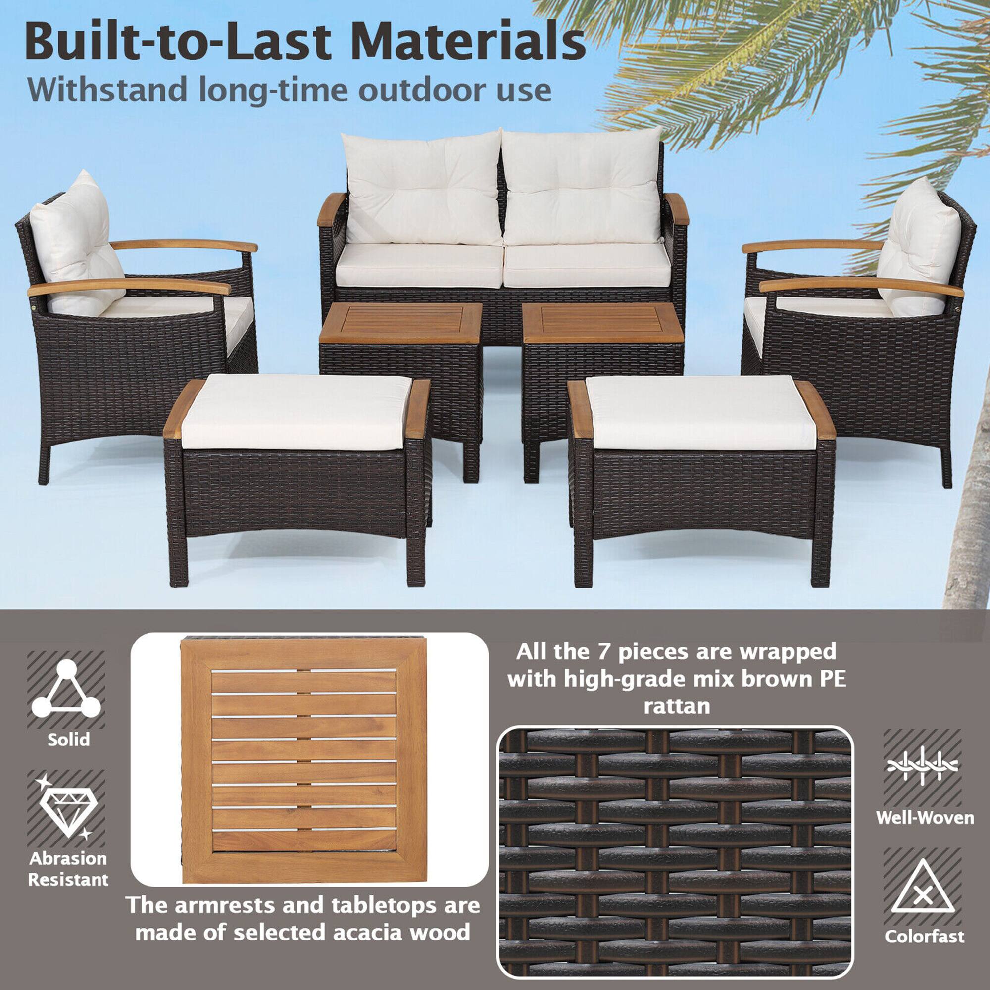 Built-to-Last Materials  
Withstand long-time outdoor use  

All the 7 pieces are wrapped with high-grade mix brown PE rattan  

The armrests and tabletops are made of selected acacia wood  

Solid  
Abrasion Resistant  
Well-Woven  
Colorfast