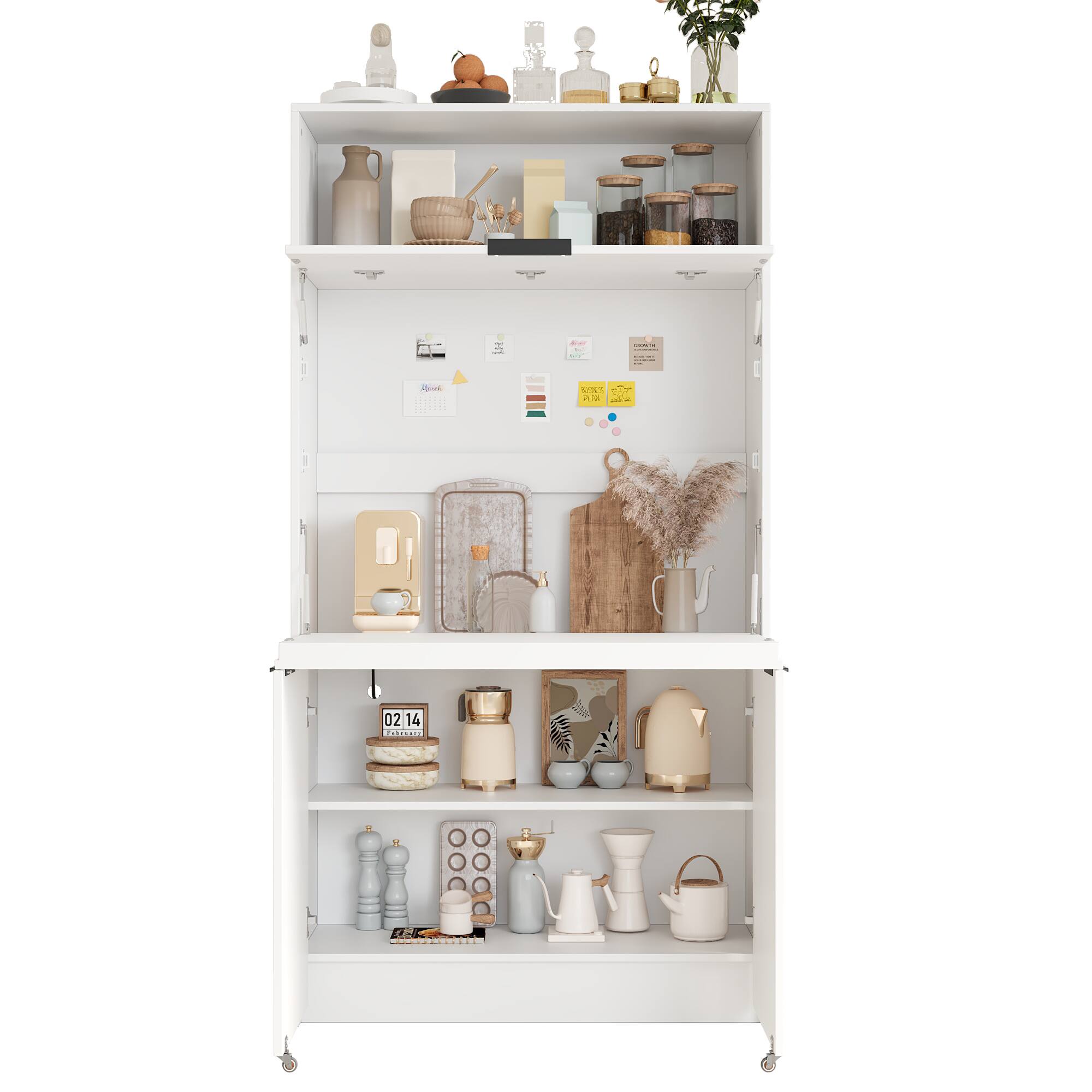 Alt View 7. Forest'nSky - 69" Tall Kitchen Pantry Cabinet with Hutch, Foldable Workstation & Power Outlet,White - White.