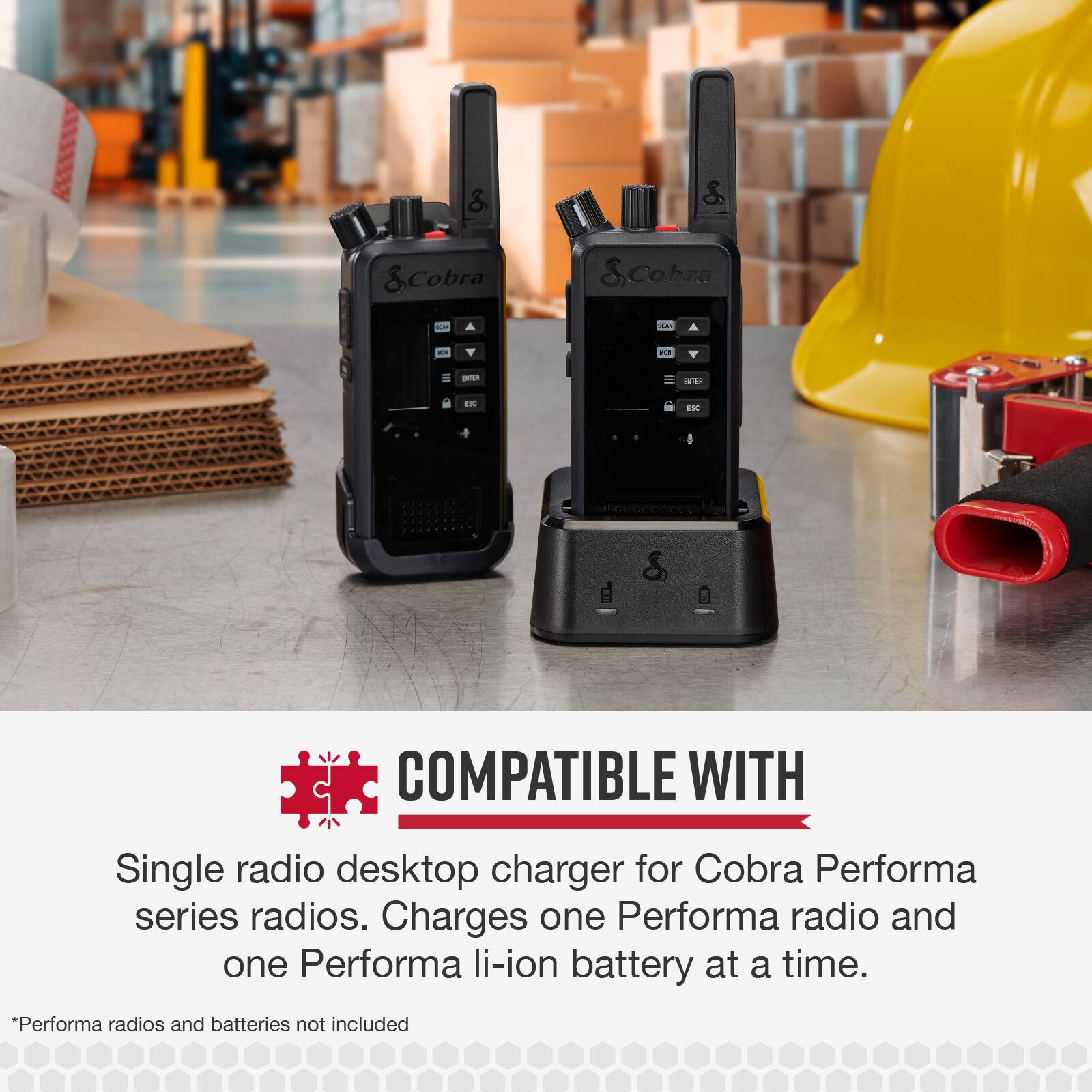 The text on the image reads: "Compatible with Single radio desktop charger for Cobra Performa series radios. Charges one Performa radio and one Performa li-ion battery at a time. *Performa radios and batteries not included."