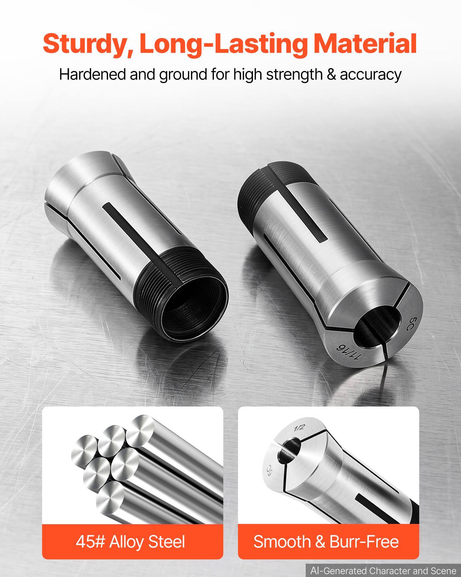 Sturdy, Long-Lasting Material  
Hardened and ground for high strength & accuracy  

11/16  
5C  
1/2  
45# Alloy Steel  
Smooth & Burr-Free  

AI-Generated Character and Scene