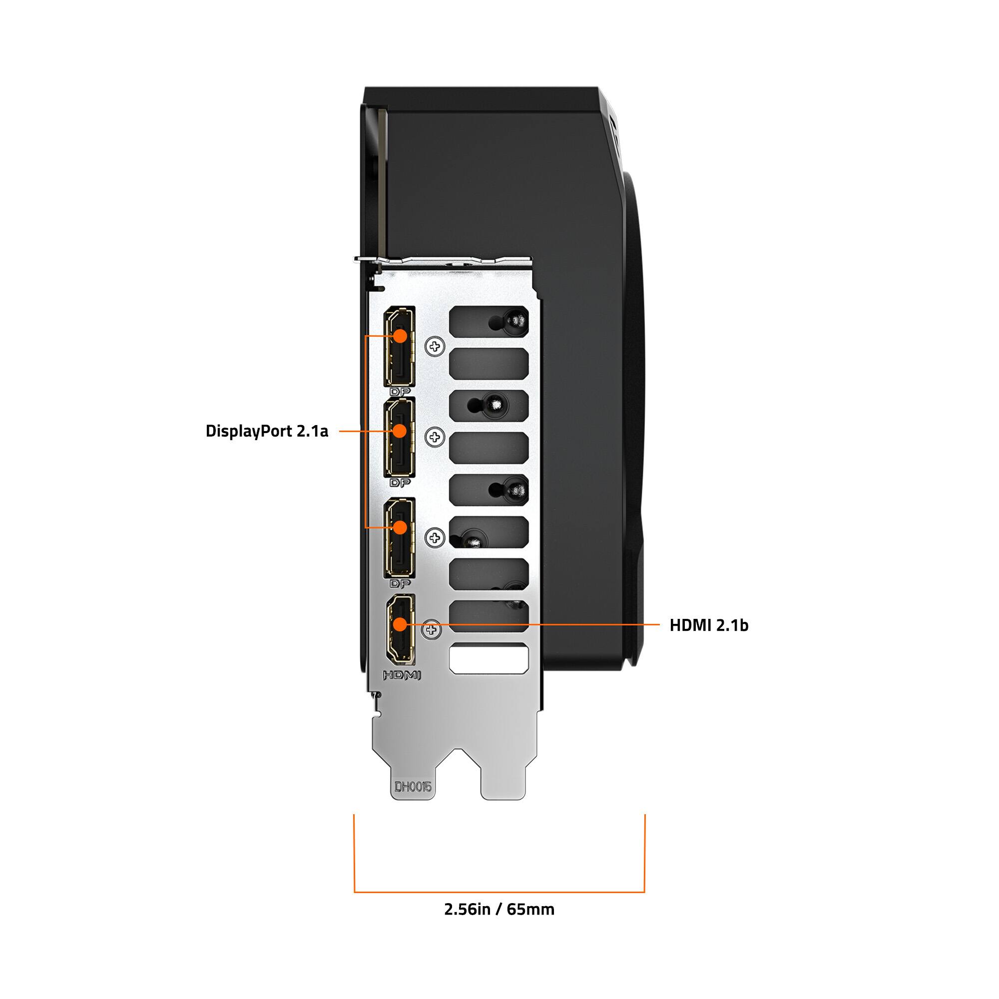 The image shows a close-up view of a DisplayPort and HDMI connector. The DisplayPort is version 2.1a, and the HDMI is version 2.1b. The connector is 2.56 inches or 65mm in size.