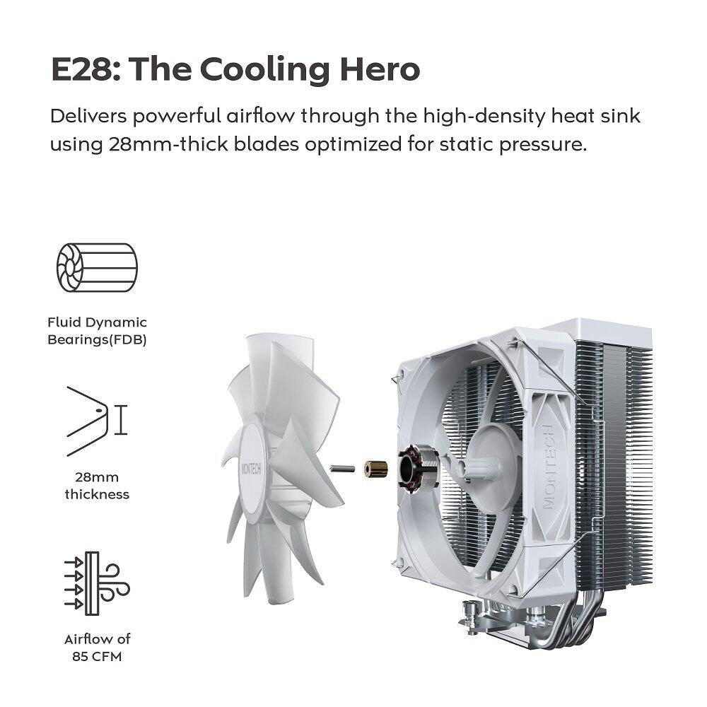 E28: The Cooling Hero

Delivers powerful airflow through the high-density heat sink using 28mm-thick blades optimized for static pressure.

- Fluid Dynamic Bearings (FDB)
- 28mm thickness
- Airflow of 85 CFM