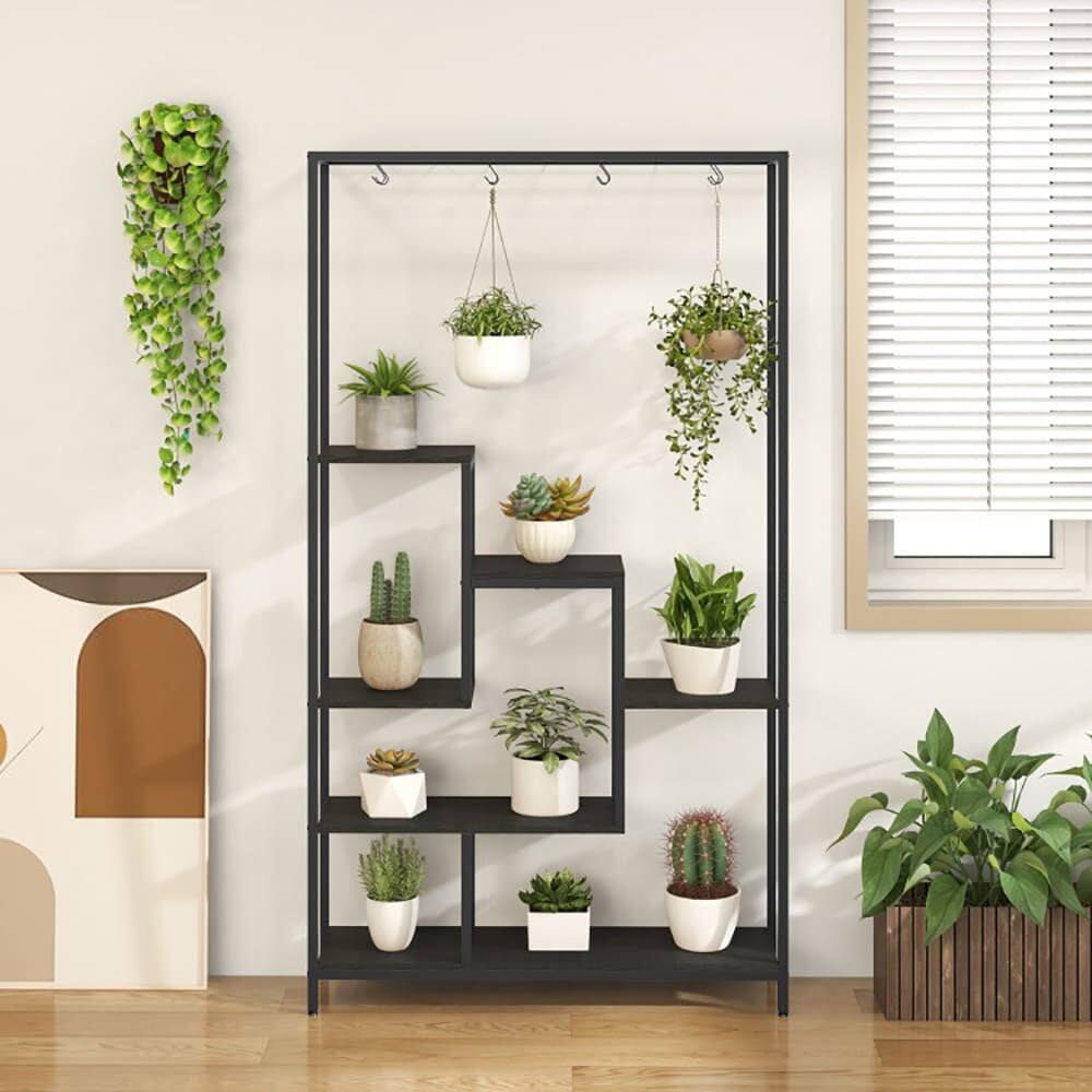 Alt View 5. Kadyn - 6-Tier Tall Plant Stand 71 Inch Metal Indoor Plant Shelf with 10 Hanging Hooks, Wood+Metal， Black.