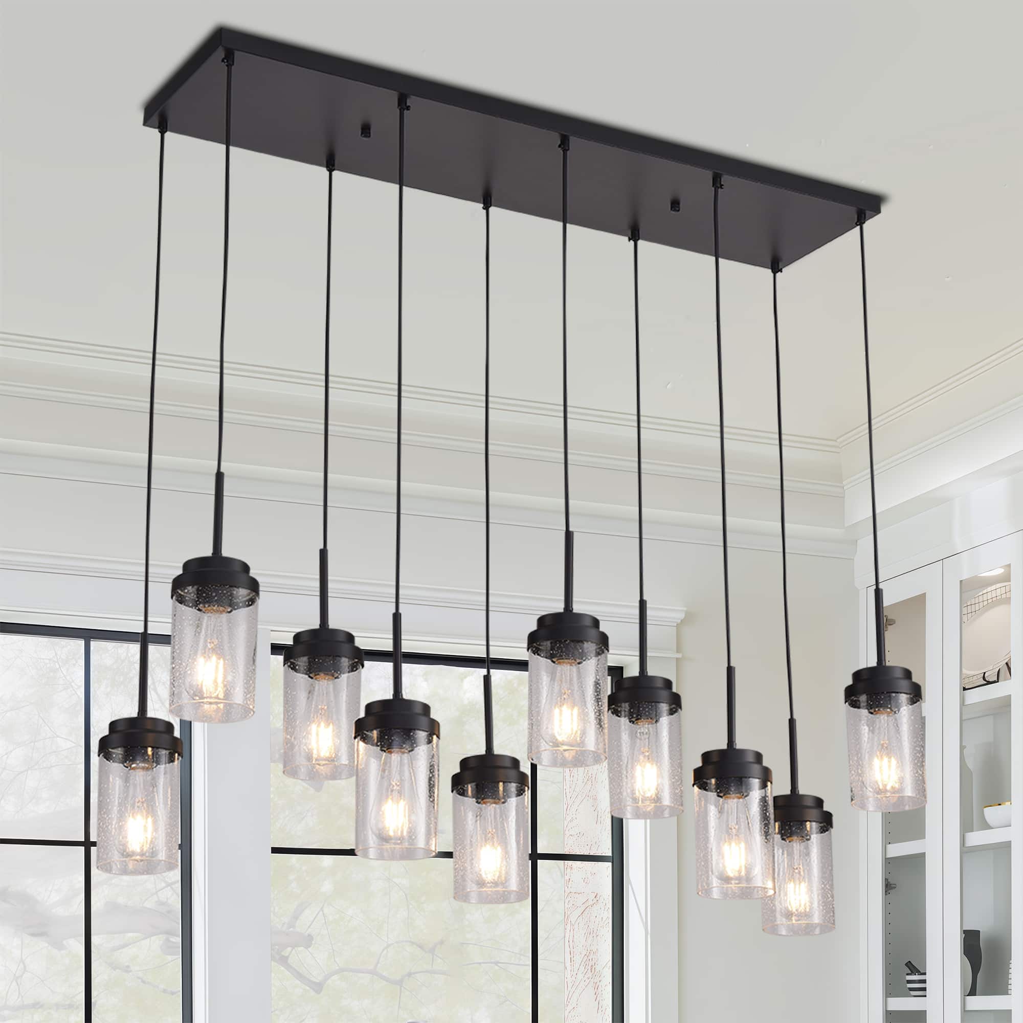 RYHNUYNE - 10 Lights Kitchen Island Lighting, Modern Linear Chandelier, Dining Room Light Fixture for Kitchen Bar - Black