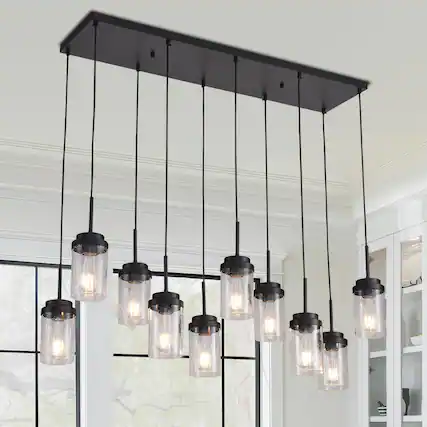 Front. RYHNUYNE - 10 Lights Kitchen Island Lighting, Modern Black Linear Chandelier, Dining Room Light Fixture for Kitchen Bar - Black.