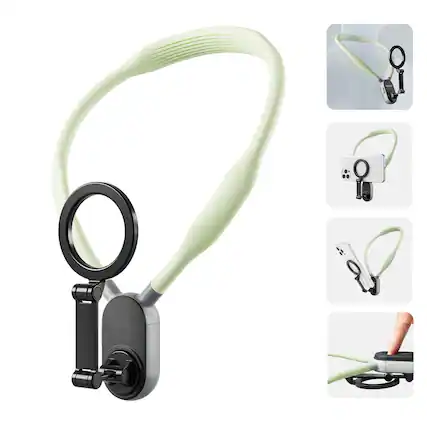 Front. TECH SAFARI - Magnetic Neck Mount For Phones Cell Phone Holder Stand Hanging On Pov vlog Selfie Hand Free Necklace Strap - Fresh Green.