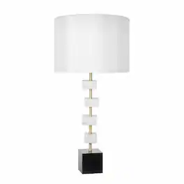 RYHNUYNE - White Marble Table Lamp with Brass Frame and Round Base, Fabric Drum Shade with Brass Finial, 15D x 30H Inches - Black White