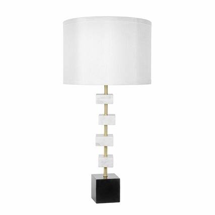 Front. RYHNUYNE - White Marble Table Lamp with Brass Frame and Round Base, Fabric Drum Shade with Brass Finial, 15D x 30H Inches - Black White.