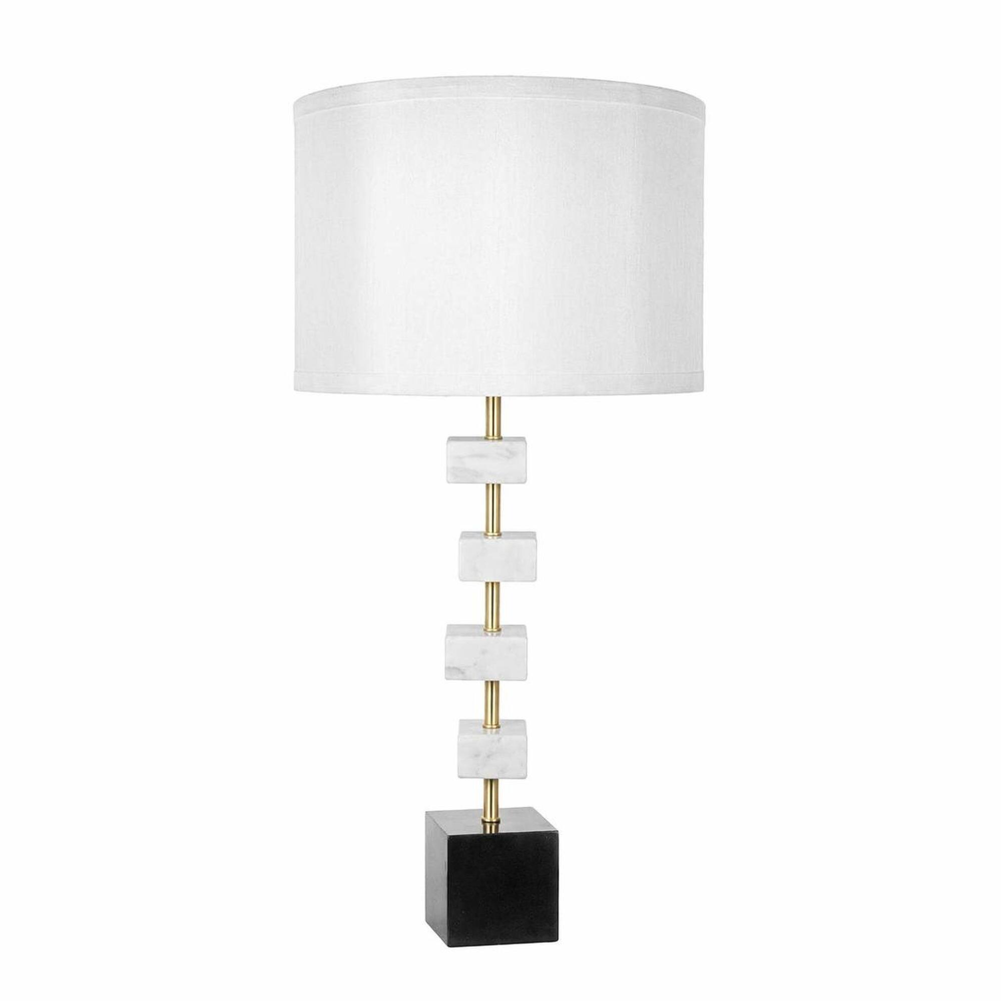 Front. RYHNUYNE - White Marble Table Lamp with Brass Frame and Round Base, Fabric Drum Shade with Brass Finial, 15D x 30H Inches - Black White.