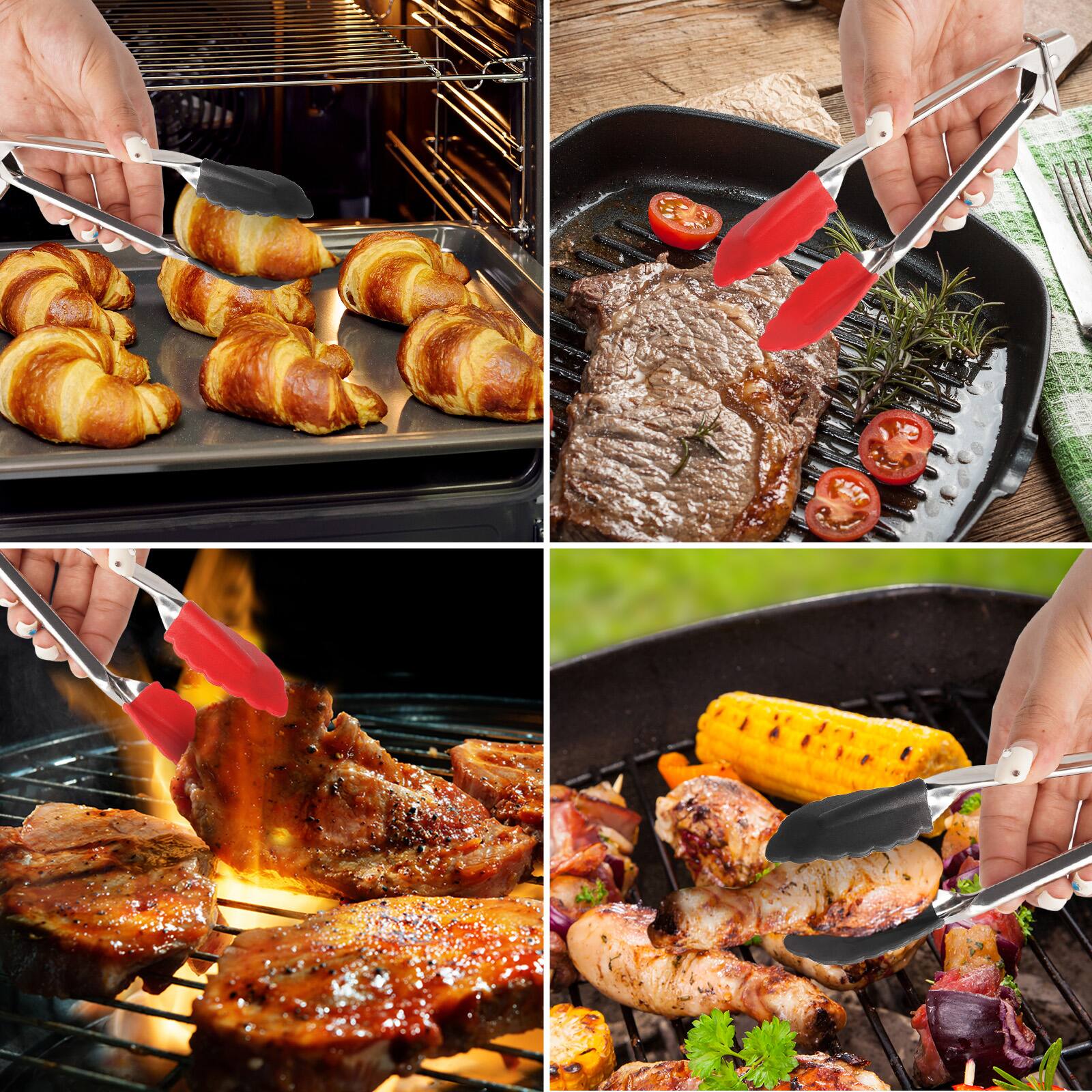 Alt View 4. Hansmart - HANSMART 2PK Kitchen Tongs Silicone Food Tongs Non Stick Cooking Serving Tongs For BBQ Salad Steak Pasta - Red, Black.