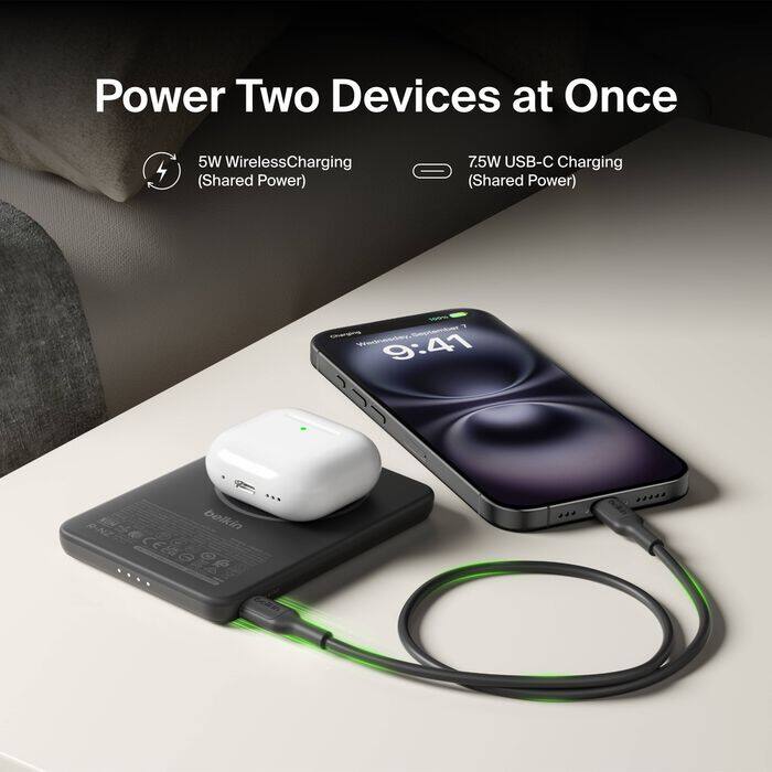 Power Two Devices at Once  
5W Wireless Charging (Shared Power)  
7.5W USB-C Charging (Shared Power)  
9:41  
beikin