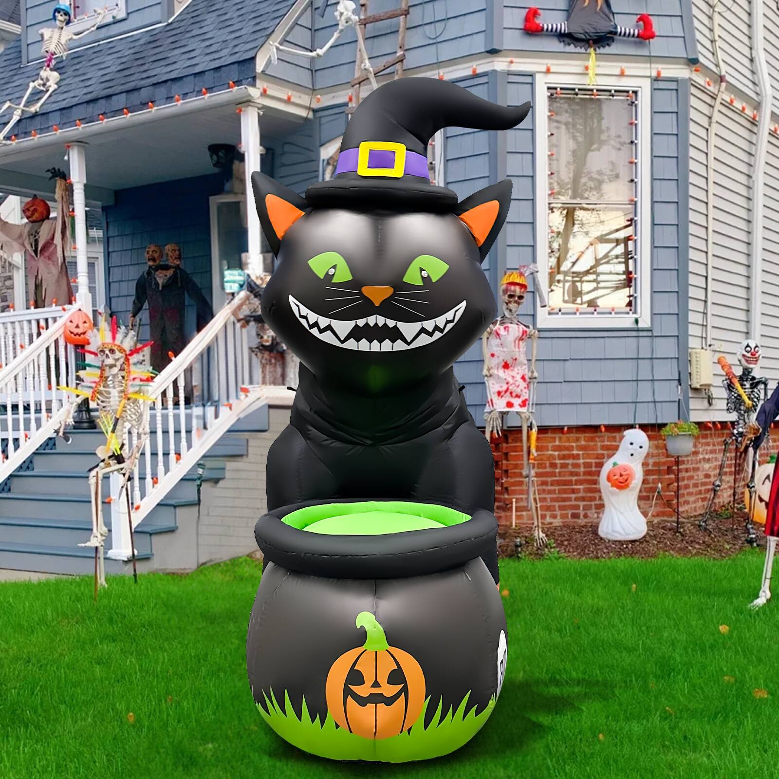 Back. GOOSH Inflatables - GOOSH 5.2FT Animated Inflatable Black Cat with Witch Hat and Cauldron – Light-Up Halloween Yard Decoration - Black.
