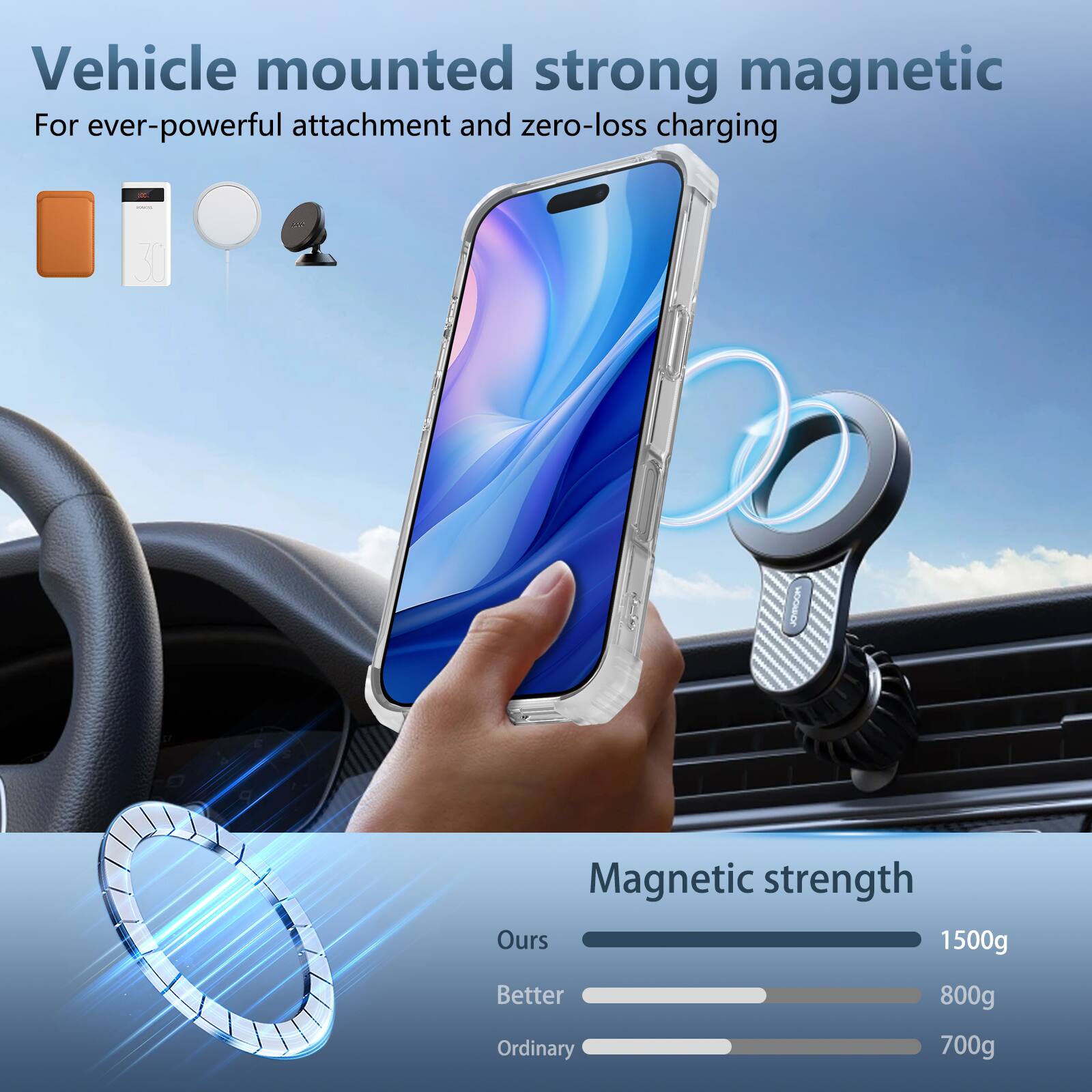 Vehicle mounted strong magnetic  
For ever-powerful attachment and zero-loss charging  

Magnetic strength  
Ours 1500g  
Better 800g  
Ordinary 700g