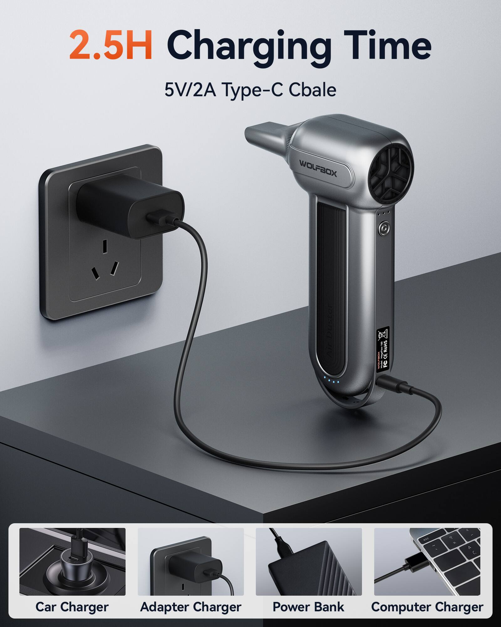 2.5H Charging Time  
5V/2A Type-C Cable  

WOLFBOX  

100 Rotts FACEBOOKS - re CC  

A.  
Car Charger  
Adapter Charger  
Power Bank  
Computer Charger