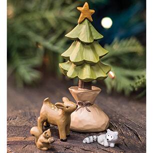 Angle. BreeBe - Resin Christmas Tree in Sack - Green, Brown.