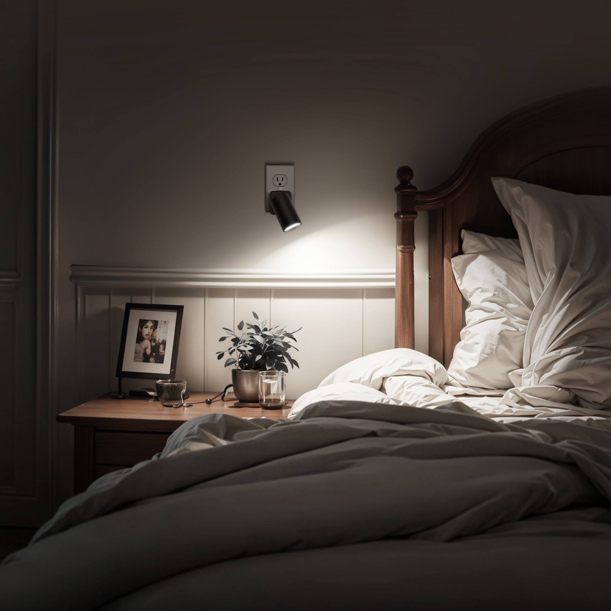Back. Jandcase - JANDCASE 2-Pack 1W  Plug-in Night Light, 5000K Daylight White, Rotatable Round Cylinder Design, , US 3-Prong Plug - Black.