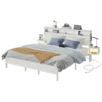 Bestier King Bed Frame Golden Stripe Headboard LED Nightstands Metal Platform No Box Spring - White - Front_Zoom