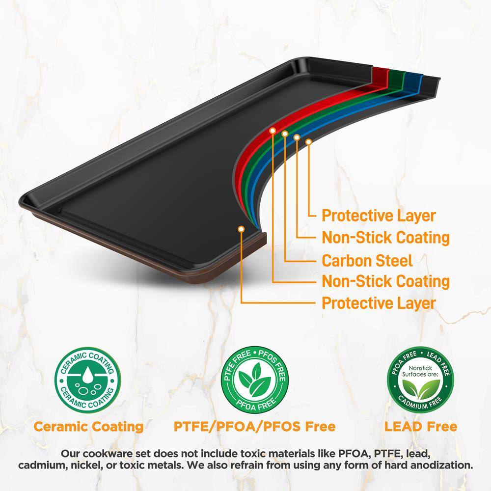 **Protective Layer**  
**Non-Stick Coating**  
**Carbon Steel**  
**Non-Stick Coating**  
**Protective Layer**

**Ceramic Coating**  
**PTFE/PFOA/PFOS Free**  
**LEAD Free**

Our cookware set does not include toxic materials like PFOA, PTFE, lead, cadmium, nickel, or toxic metals. We also refrain from using any form of hard anodization.