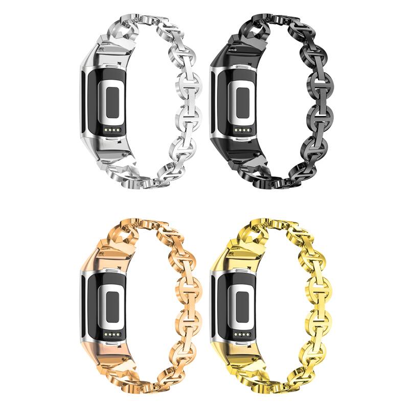 Back. StrapsCo - Evening Link Bracelet Stainless Steel Watch Band Strap For Fitbit Charge 6 - Yellow Gold.