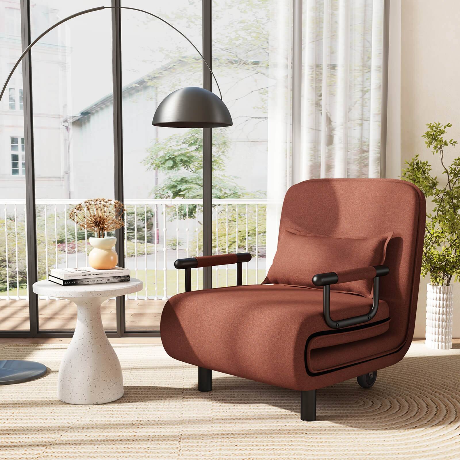 Alt View 4. Costway - Costway 3-in-1 Convertible Sofa Bed with 5-Position Adjustable Backrest & Lumbar Pillow Brown - Brown.