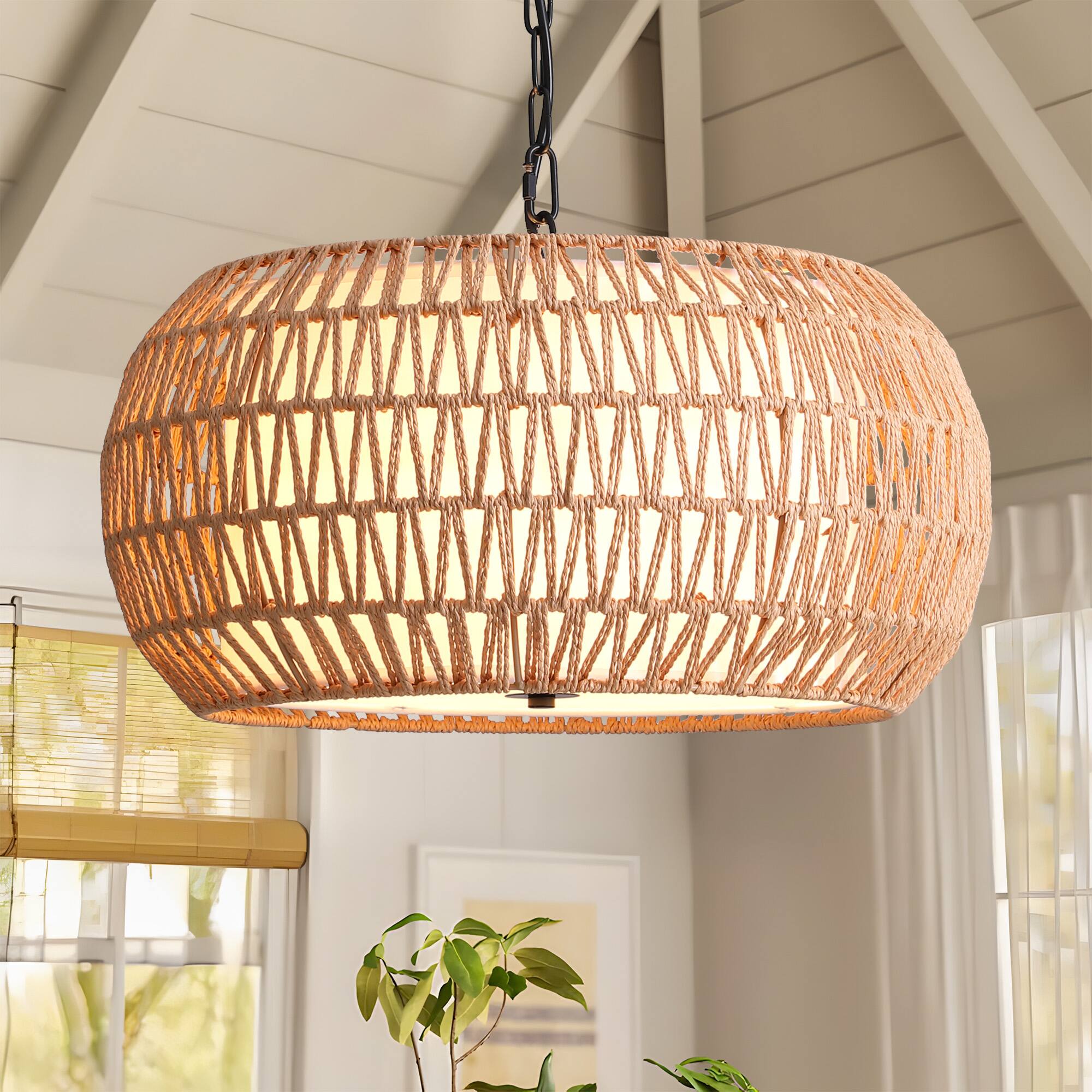 Front. Siljoy - 19 in. 5-Light Black Bohemian Chandelier Hand Woven Rattan Boho Pendant Light Fixture for Dining Room Bedroom Entryway - Black.