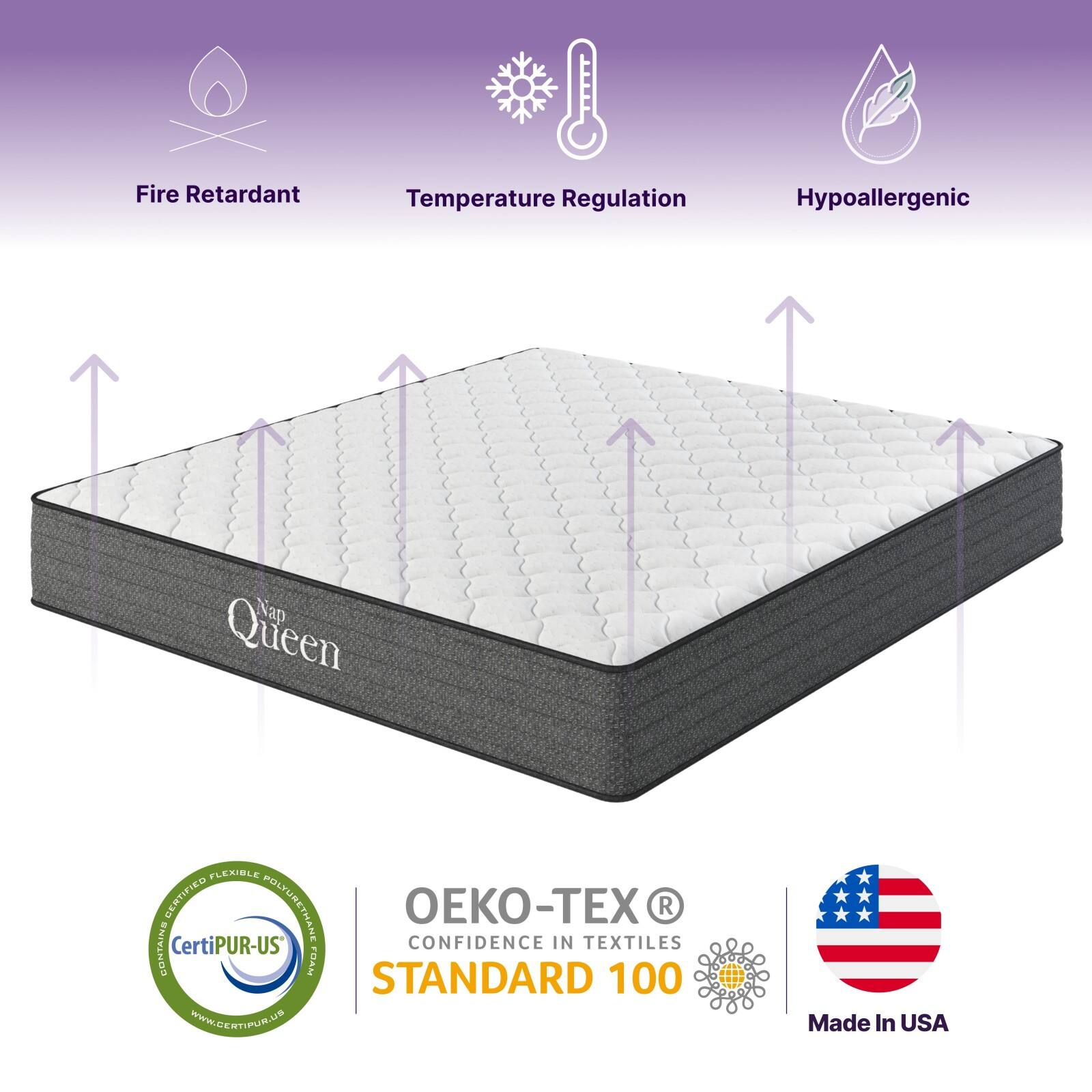 Fire Retardant  
Temperature Regulation  
Hypoallergenic  

Nap Queen  

Certified Flexible Polyurethane Foam  
CertiPUR-US®  
www.certipur.us  

OEKO-TEX®  
CONFIDENCE IN TEXTILES  
STANDARD 100  

Made In USA