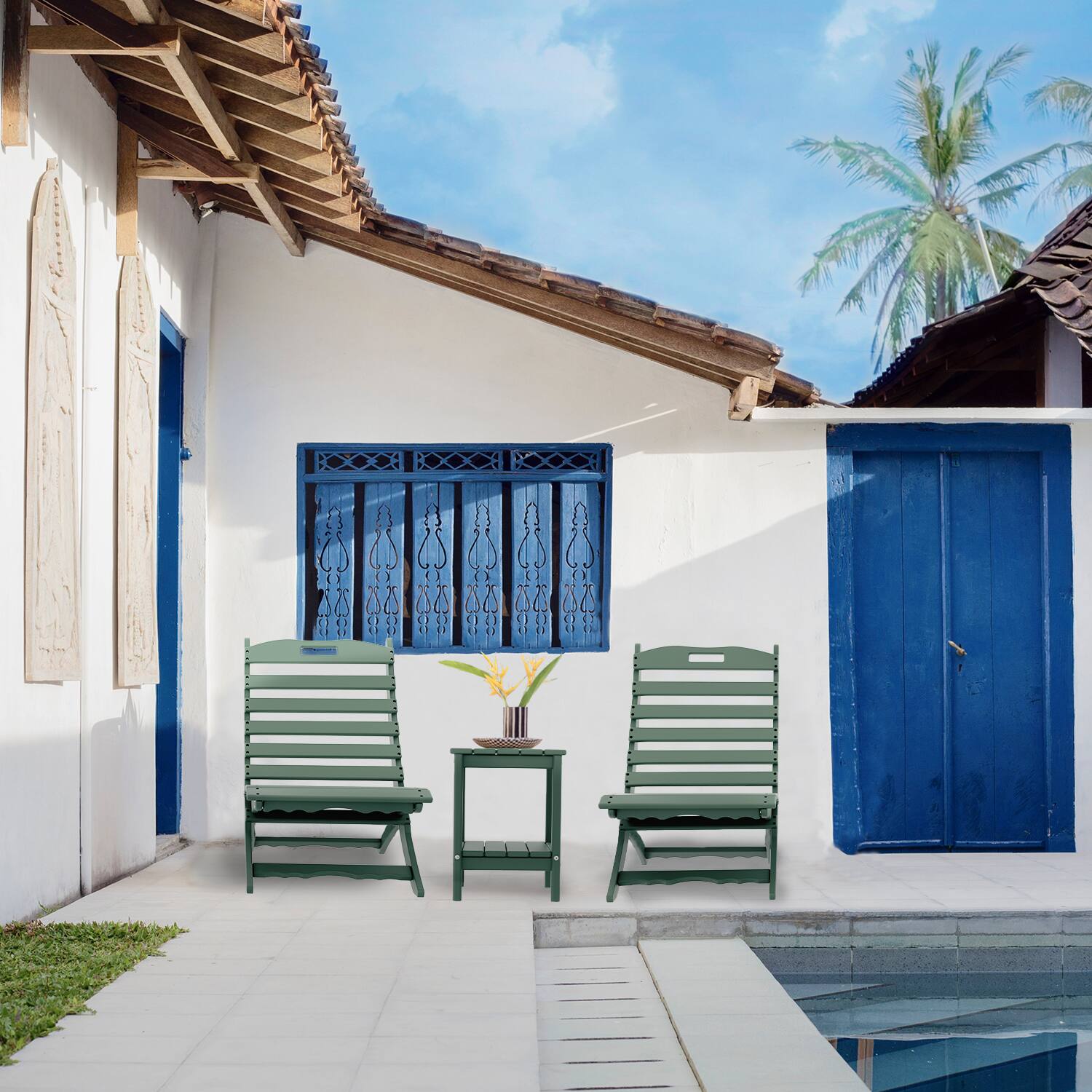 Alt View 1. FODINGHILL - Folding Xavier Wave Chairs Set of 2, Portable HDPE Adirondack Chairs, All-Weather Outdoor Chairs - Forest.