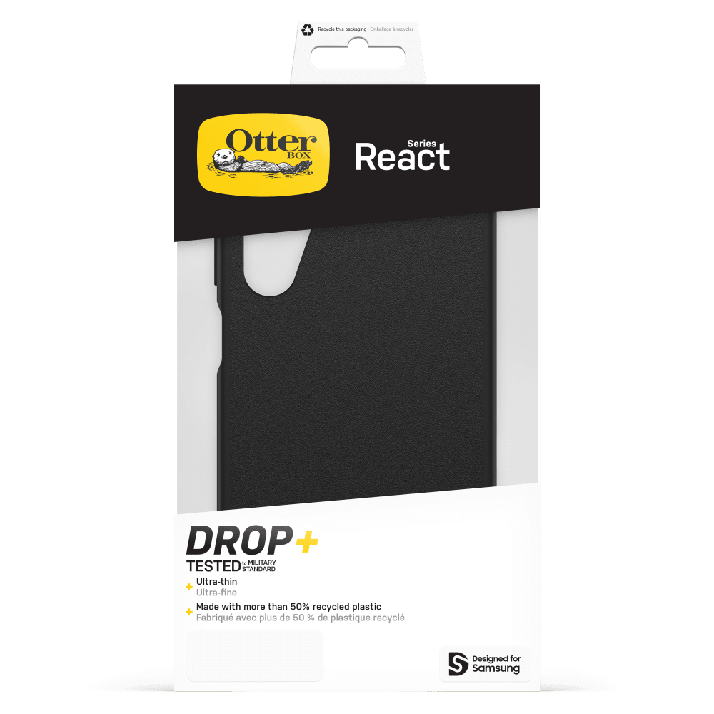Recycle this packaging  
Emballage recyclable

Otter Series BOX React

DROP+  
TESTED TO MILITARY STANDARD  
Ultra-thin  
Ultra-fine  
Made with more than 50% recycled plastic  
Fabriqué avec plus de 50% de plastique recyclé

Designed for Samsung