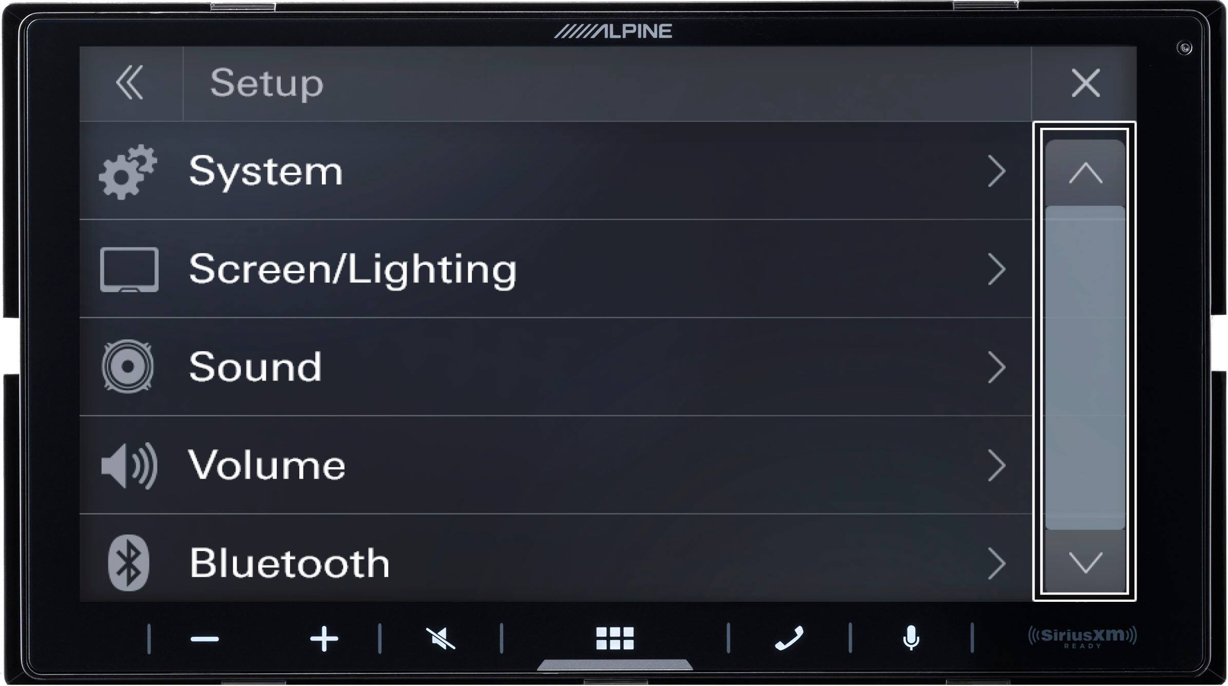 Sure, here is the corrected and grouped text from the image:

---

**Setup**

- System
- Screen/Lighting
- Sound
- Volume
- Bluetooth

**SiriusXM READY**

---
