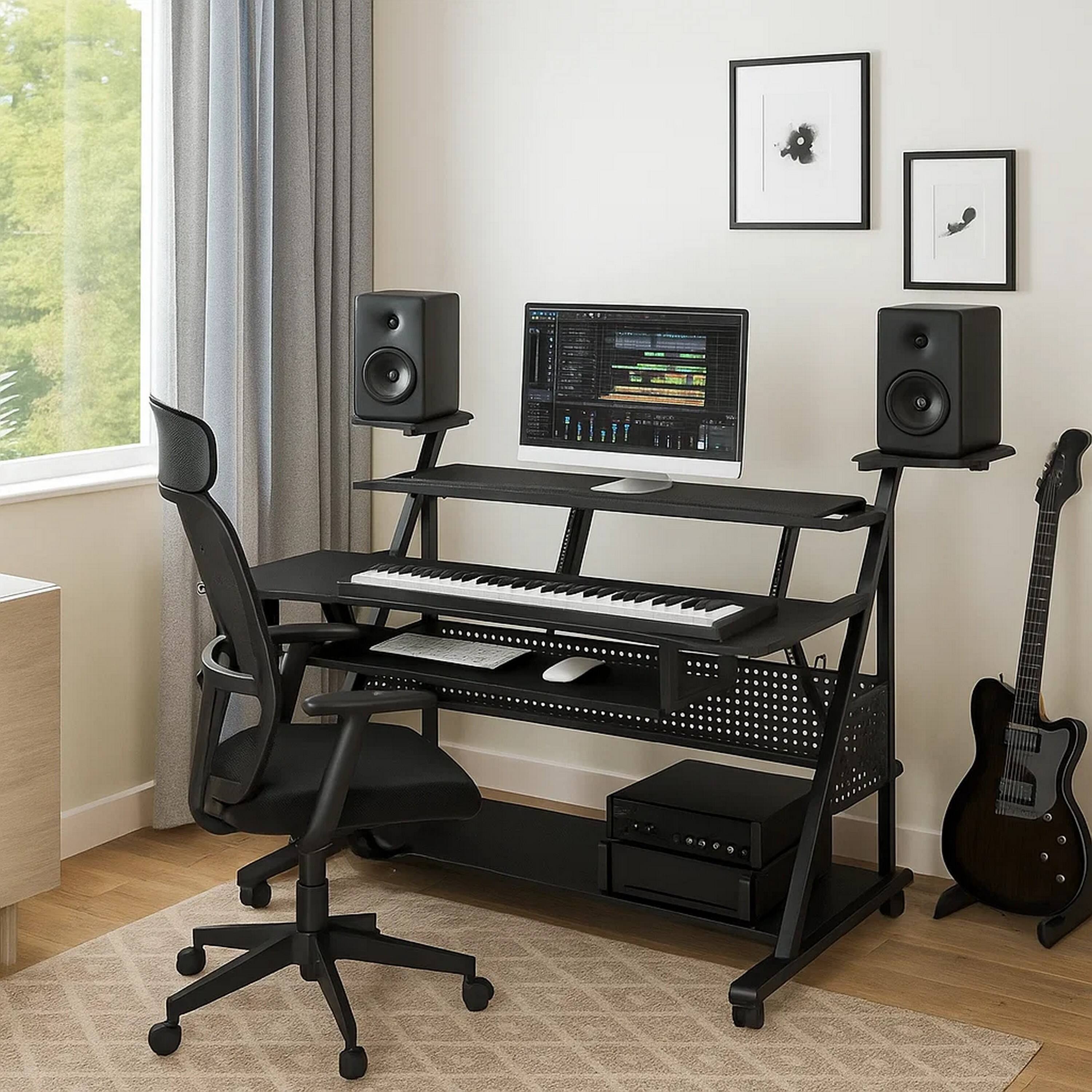 Alt View 3. Manhattan Lane - Gia 67 Inch Music Desk Studio Workstation, Keyboard Tray, Shelves, Black - Black.