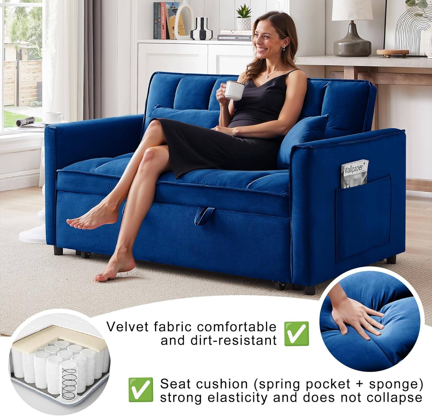 Velvet fabric comfortable and dirt-resistant, Seat cushion (spring pocket + sponge) strong elasticity and does not collapse