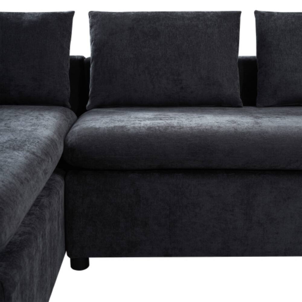 Alt View 3. LUCKY ONE - 93.7" L-Shaped Chenille Sectional Sofa w/ Wooden Storage Compartment & Pillows - Black.