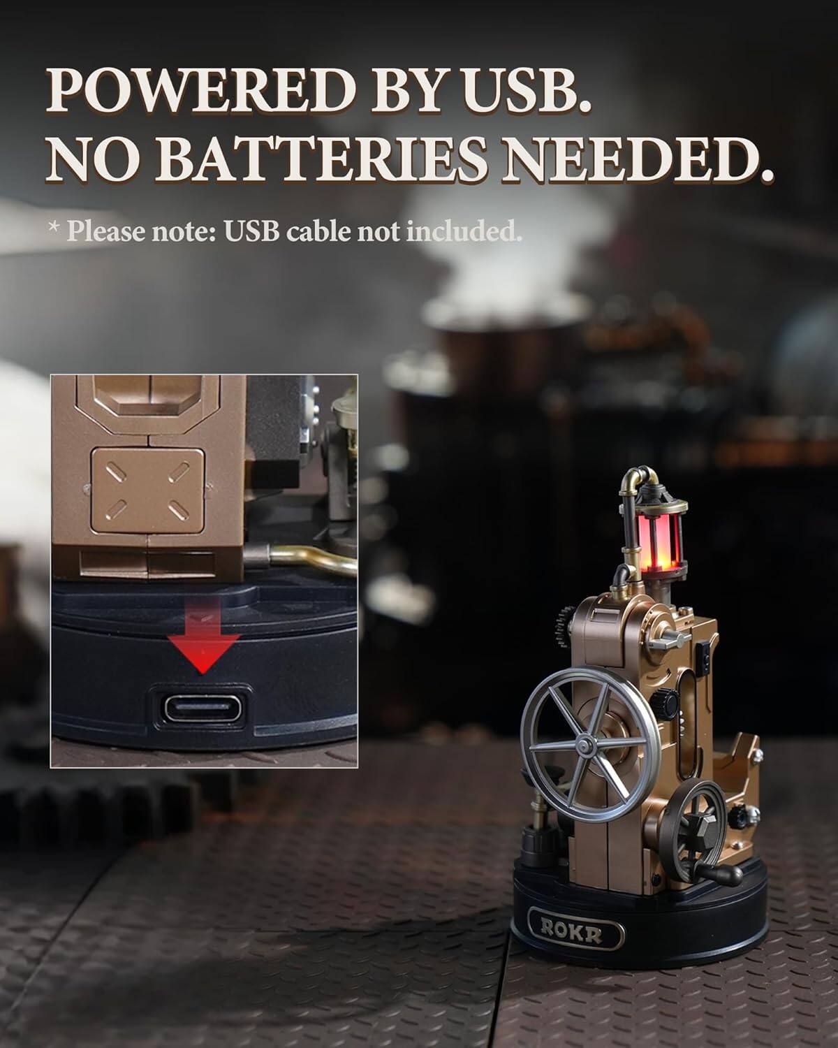POWERED BY USB.  
NO BATTERIES NEEDED.  
*Please note: USB cable not included.  

ROKR