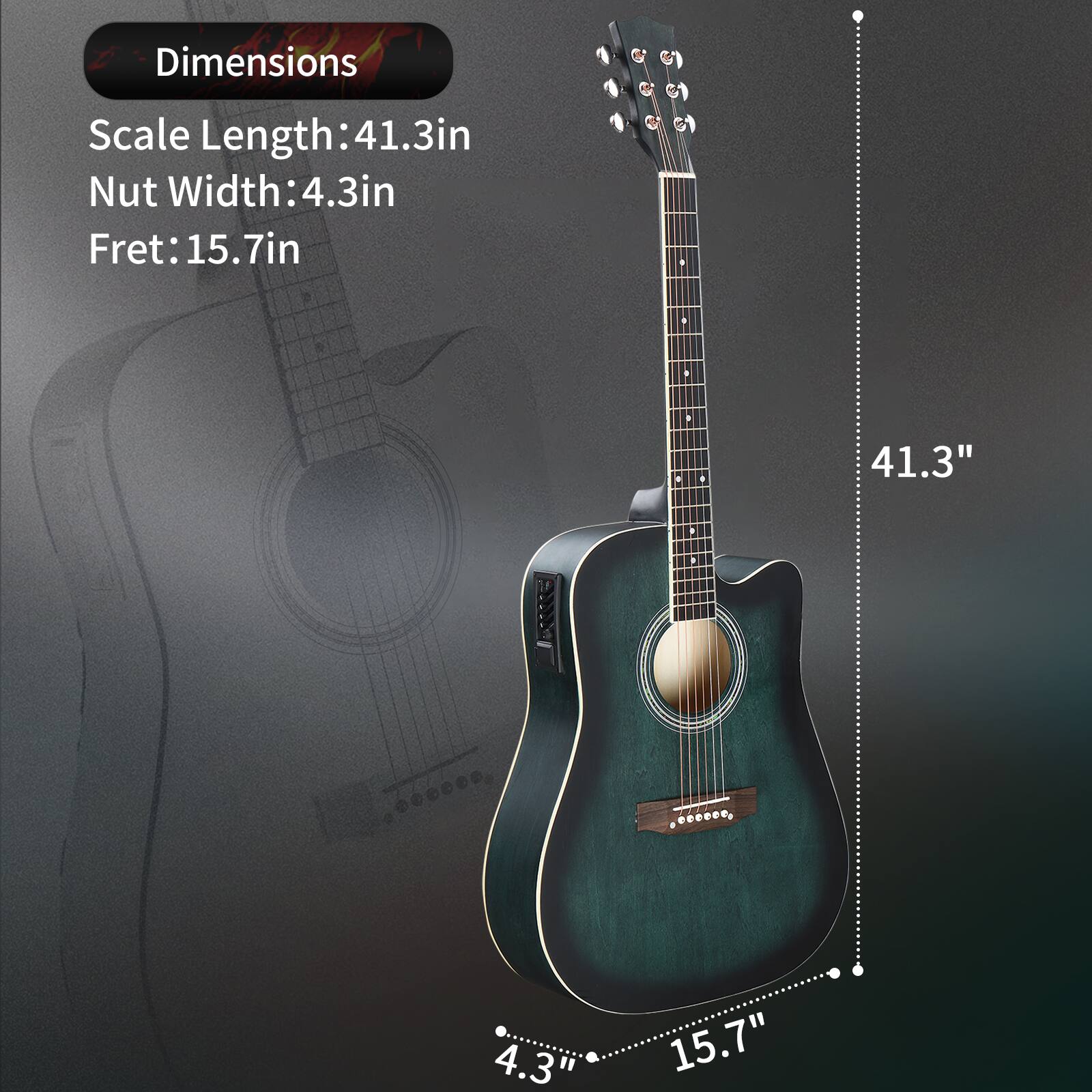 Dimensions  
Scale Length: 41.3in  
Nut Width: 4.3in  
Fret: 15.7in  

41.3"  
4.3"  
15.7"