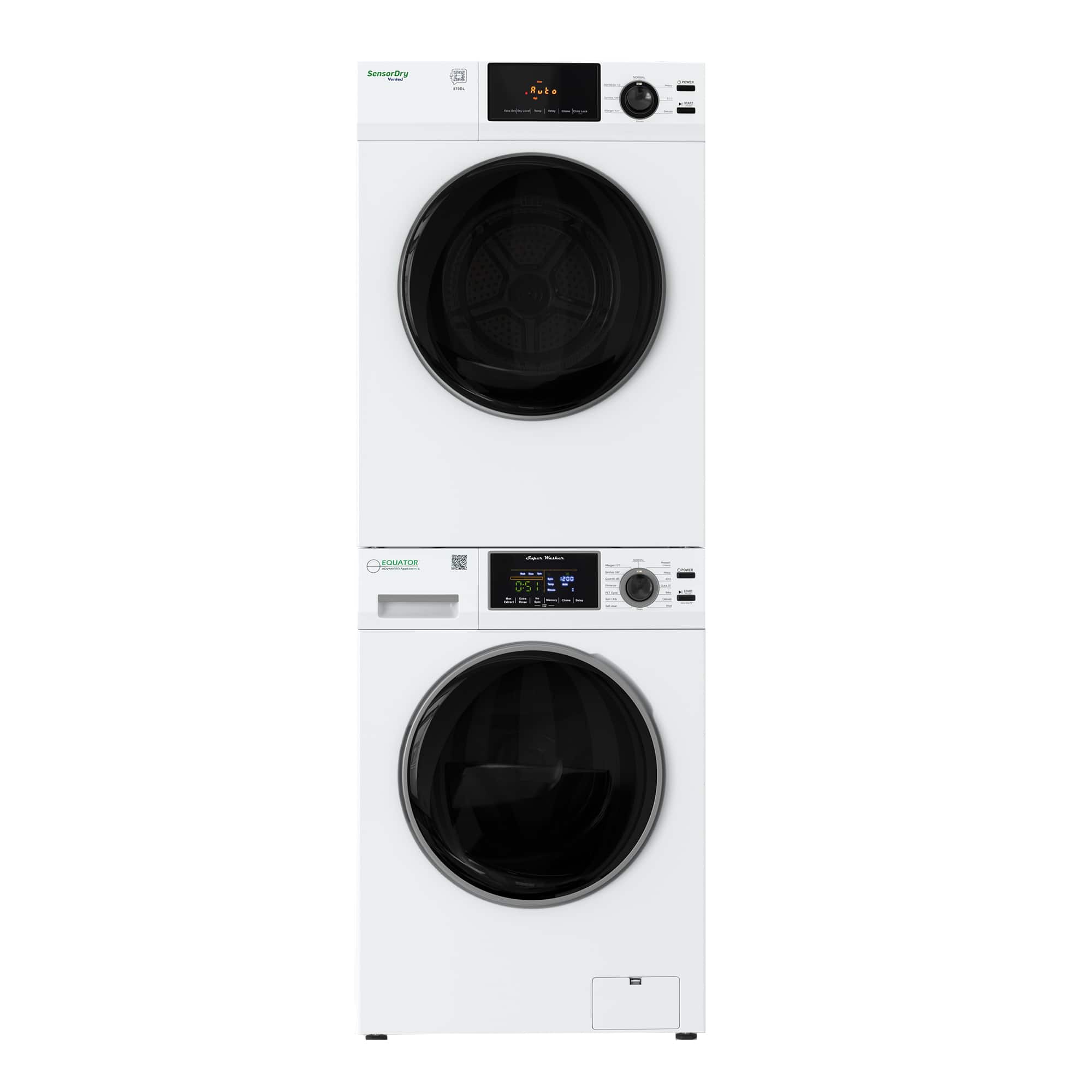 Equator - 110V STACKABLE EW 835 18lbs Washer 1.9cf + ED 870 DL Electric Dryer 4cf Vented Sensor Stacked/ Matching - White
