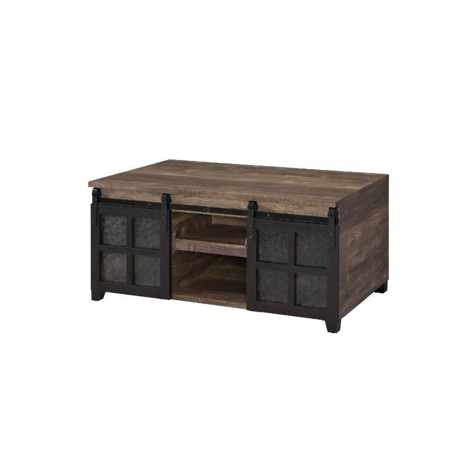 Manhattan Lane - Coffee Table with 2 Barn Sliding Glass Doors and Pull Out Tray - Brown