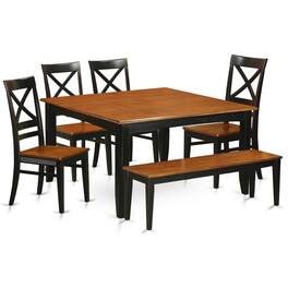 East West Furniture - 6 PC Dining room set with bench-Dining Table with 4 Wooden Dining Chairs and a bench - Black & Cherry