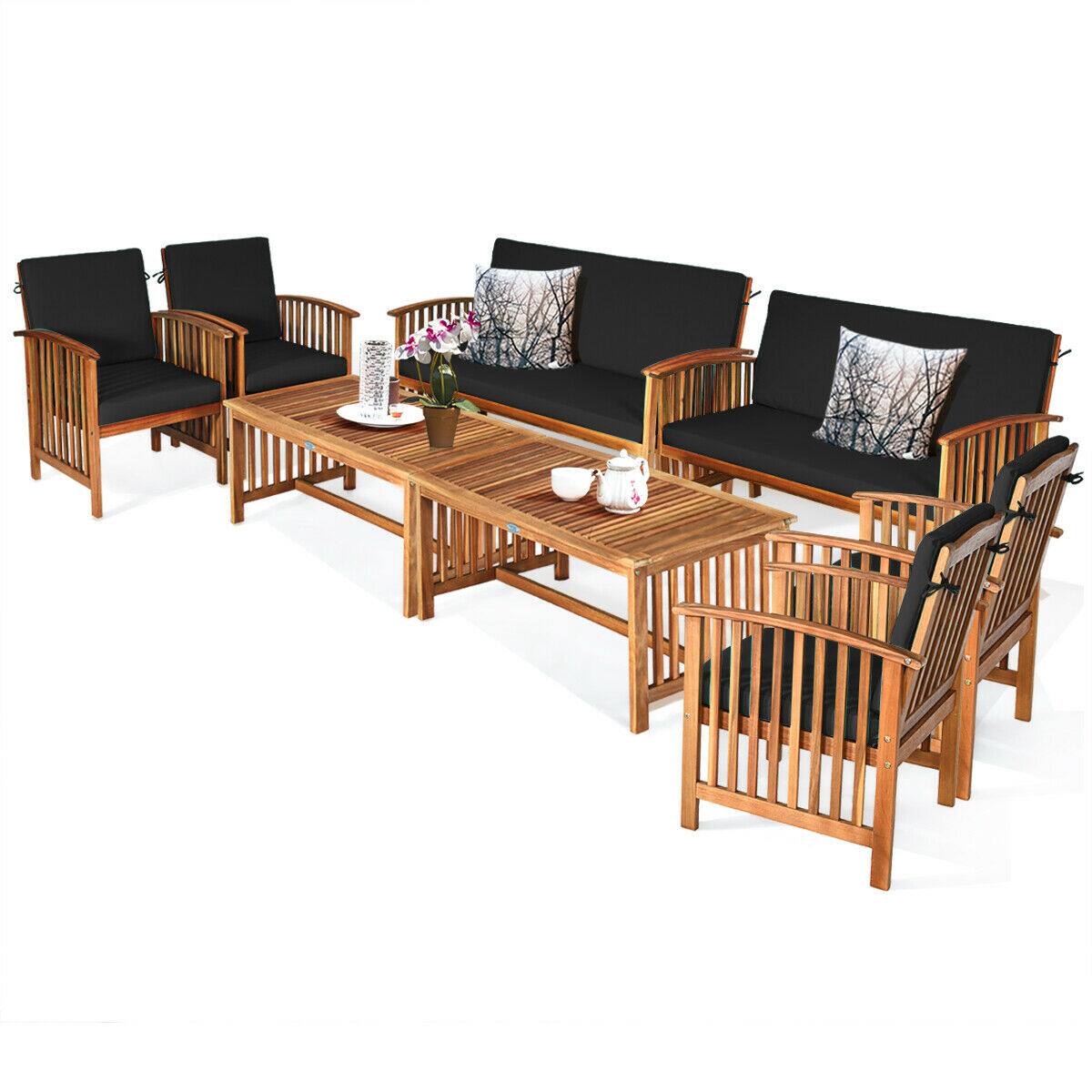 Alt View 1. Gymax - Gymax 8PCS Wooden Patio Conversation Set Outdoor Furniture Set w/ Cushions Black - Black.