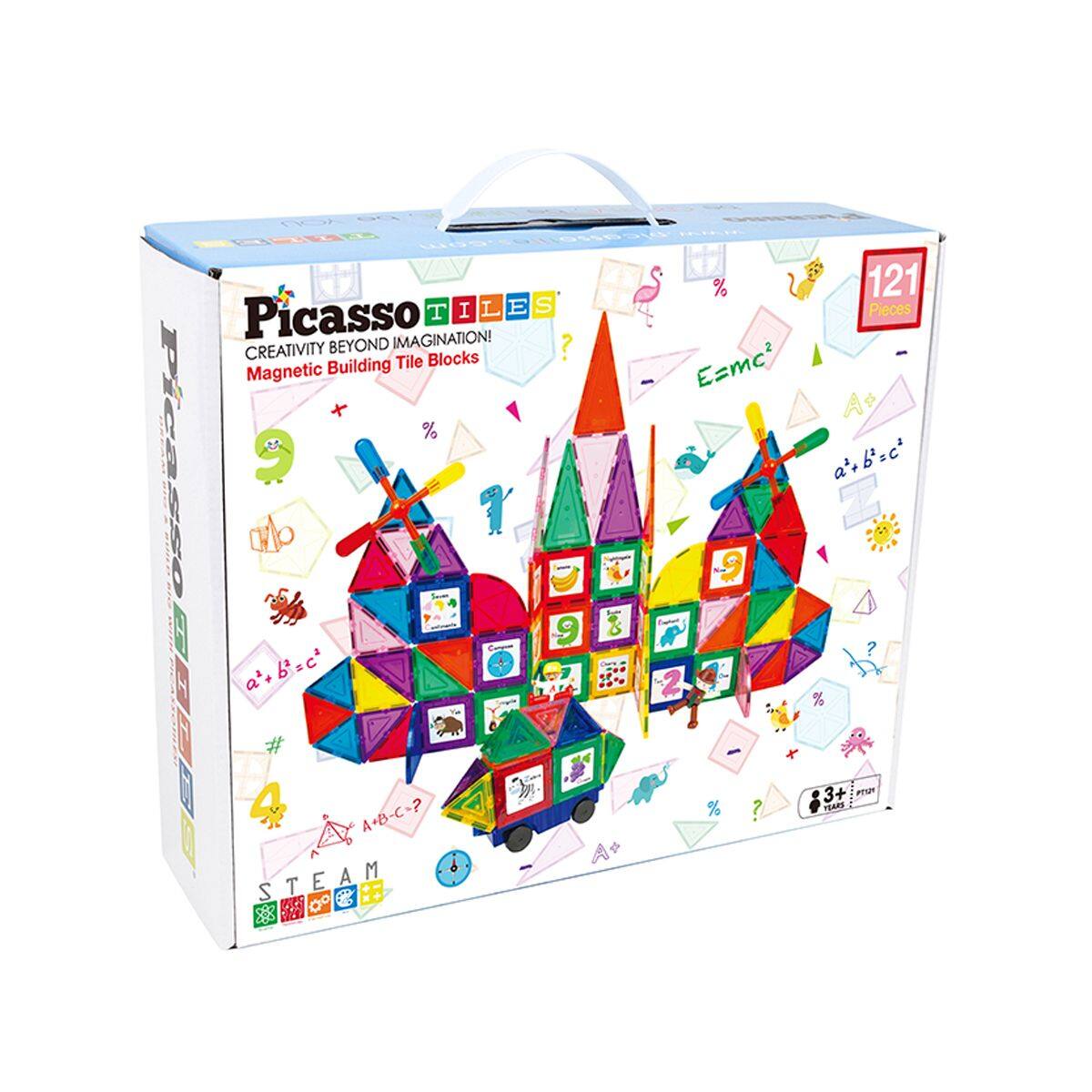 Picasso TILES  
Creativity Beyond Imagination!  
Magnetic Building Tile Blocks  

121 Pieces  

E=mc²  
a² + b² = c²  
A + B - C = ?  

STEAM  

3+ Years