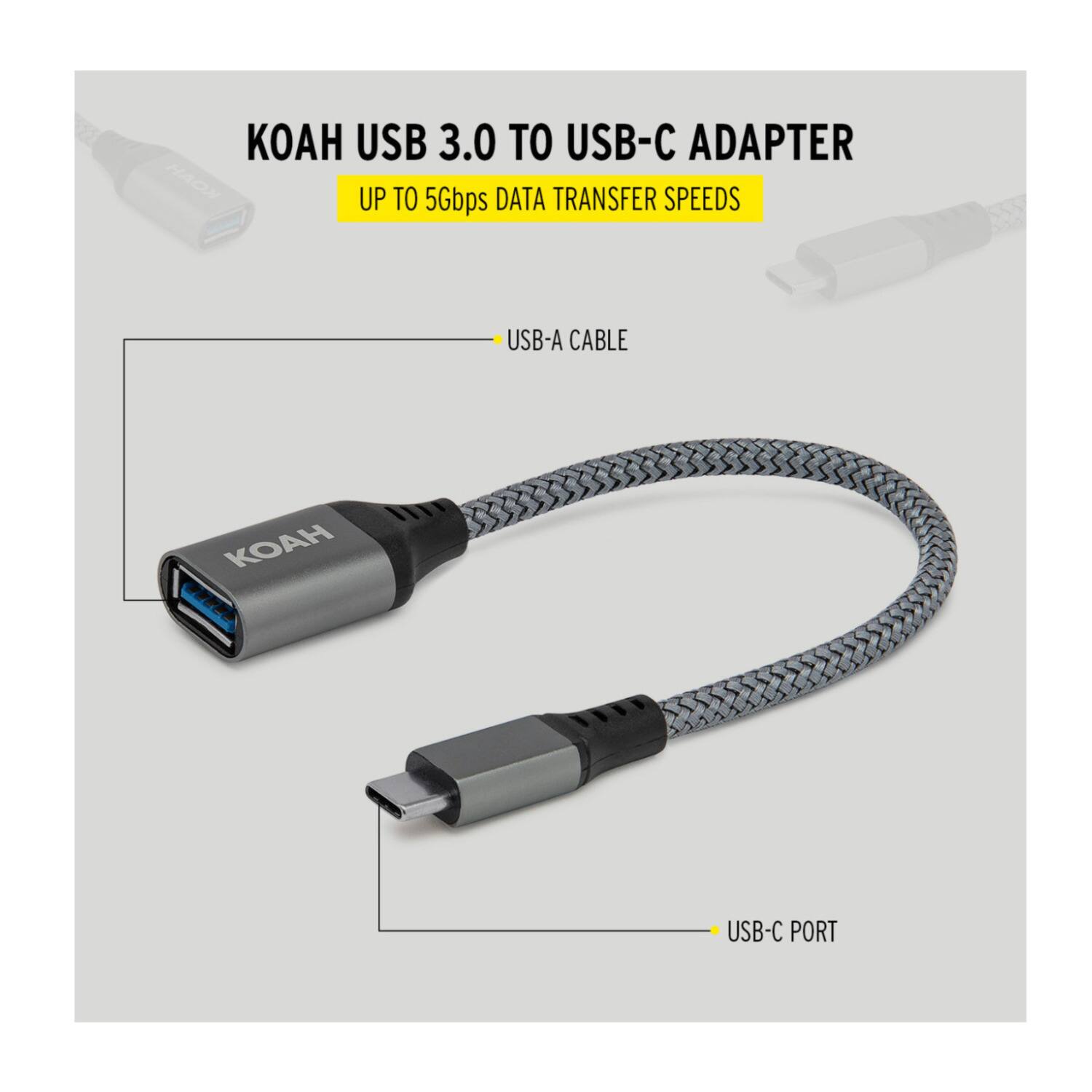 KOAH USB 3.0 TO USB-C ADAPTER  
UP TO 5Gbps DATA TRANSFER SPEEDS  

- USB-A CABLE  
- USB-C PORT