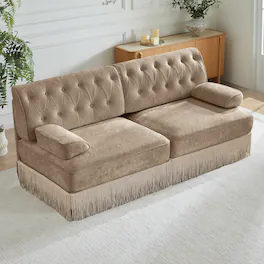 Anysun - Velvet Chesterfield Sofa - Button Tufted, Floor-Grazing Tassel Skirt, Easy Assembly, for Living Room & Bedroom - Camel
