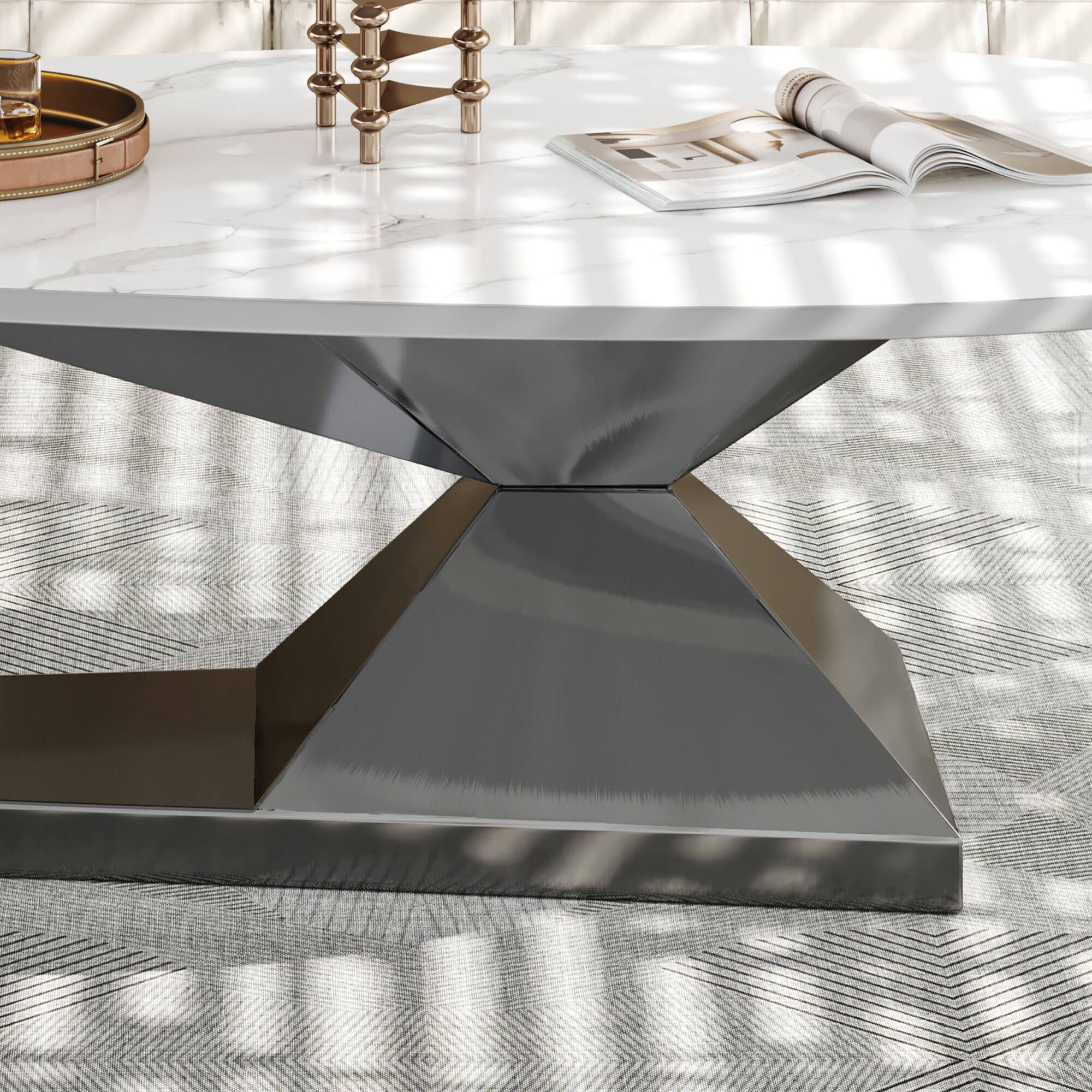 Alt View 1. Tiramisubest - Modern Sintered Stone Tabletop Coffee Table with Stainless Steel Base - Elegant and Durable Living Room Centerpiece - Dark Gray,White.