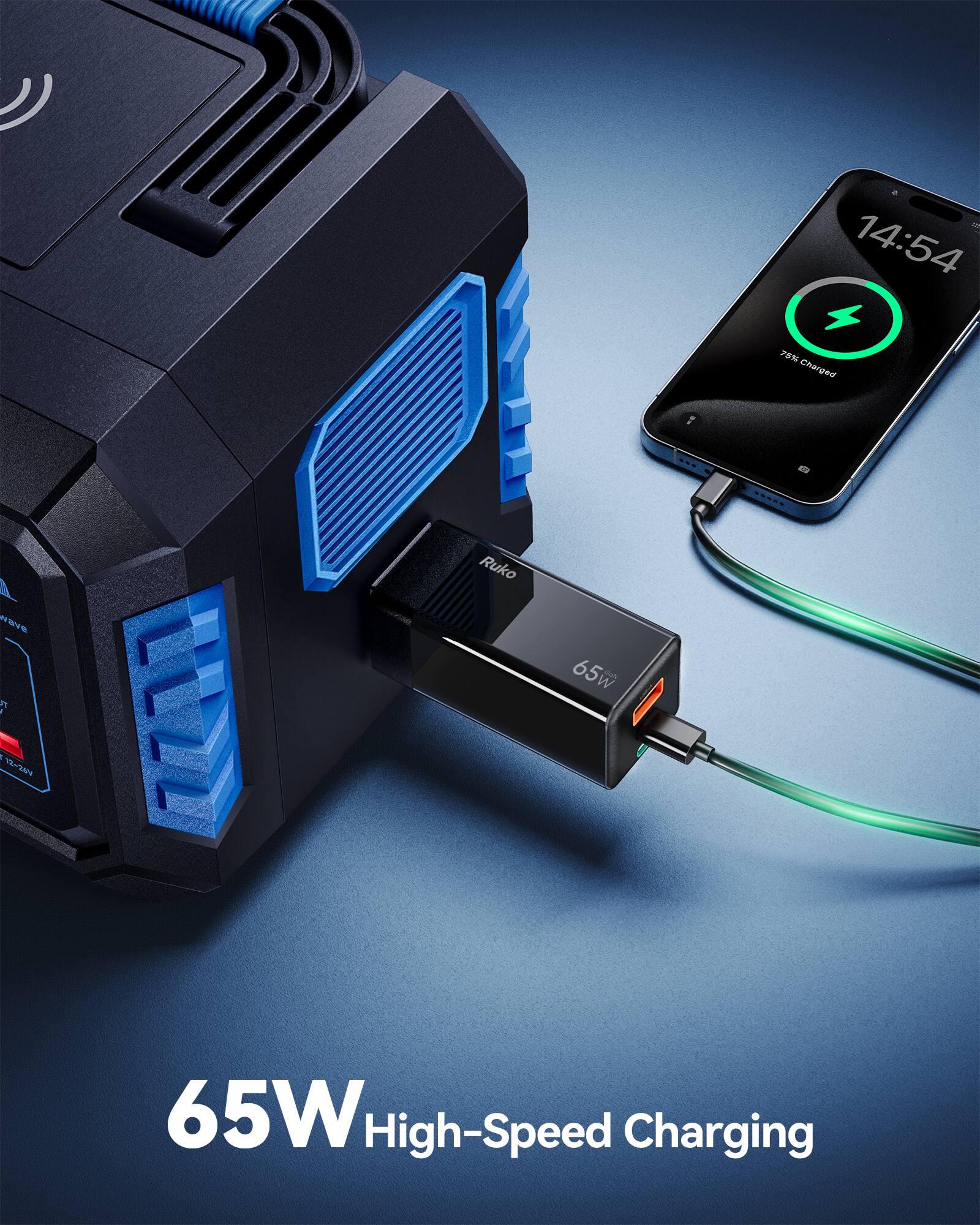 i 14:54 70% Charged ... -e ..... 1 H BY n% - + Ruko 65W High-Speed Charging